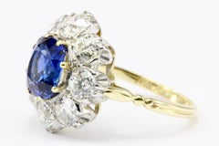 3 Carat Natural Sapphire 3.2 Carat Old Euro Diamond Flower Ring