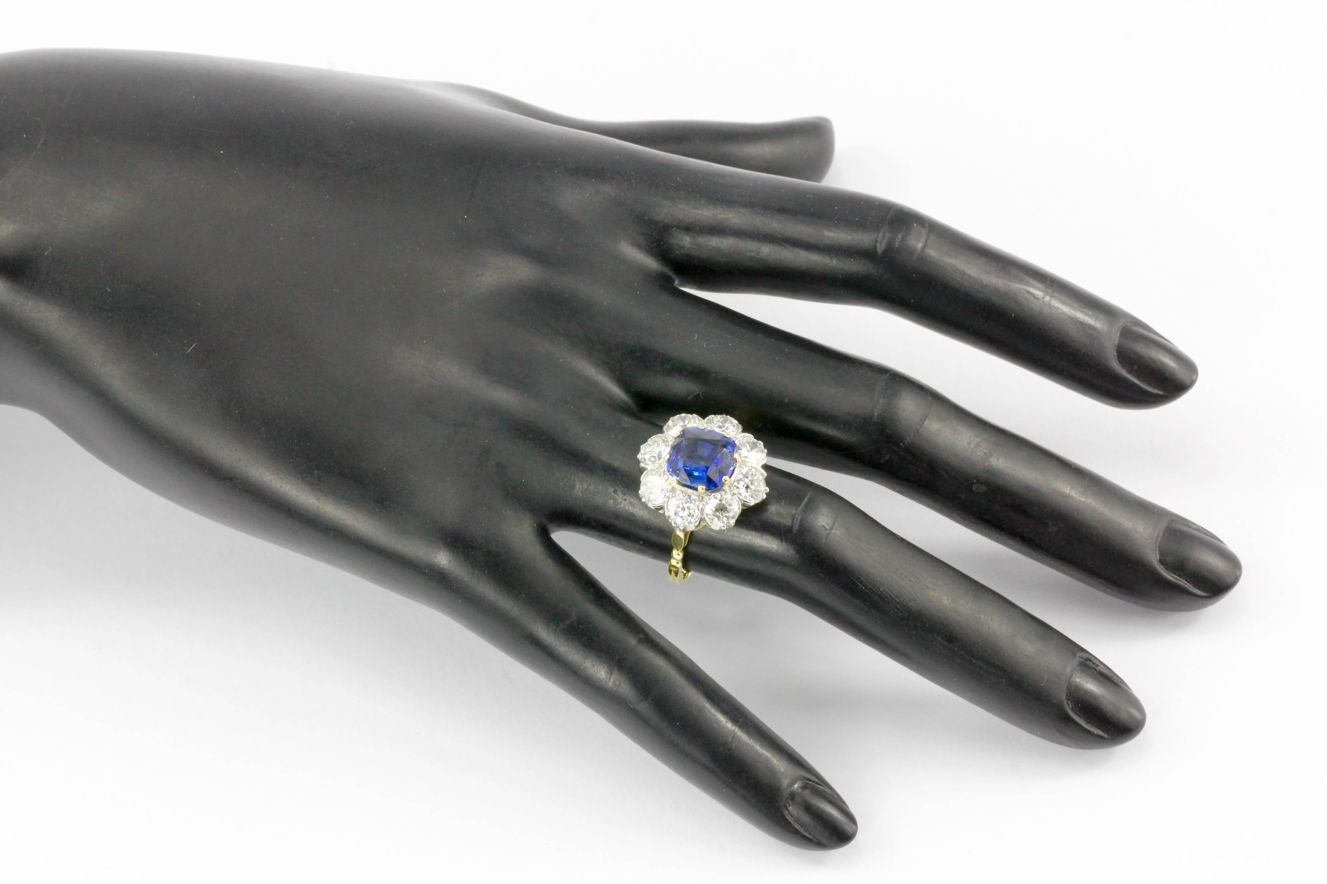 Cushion Cut 3 Carat Natural Sapphire 3.2 Carat Old Euro Diamond Flower Ring