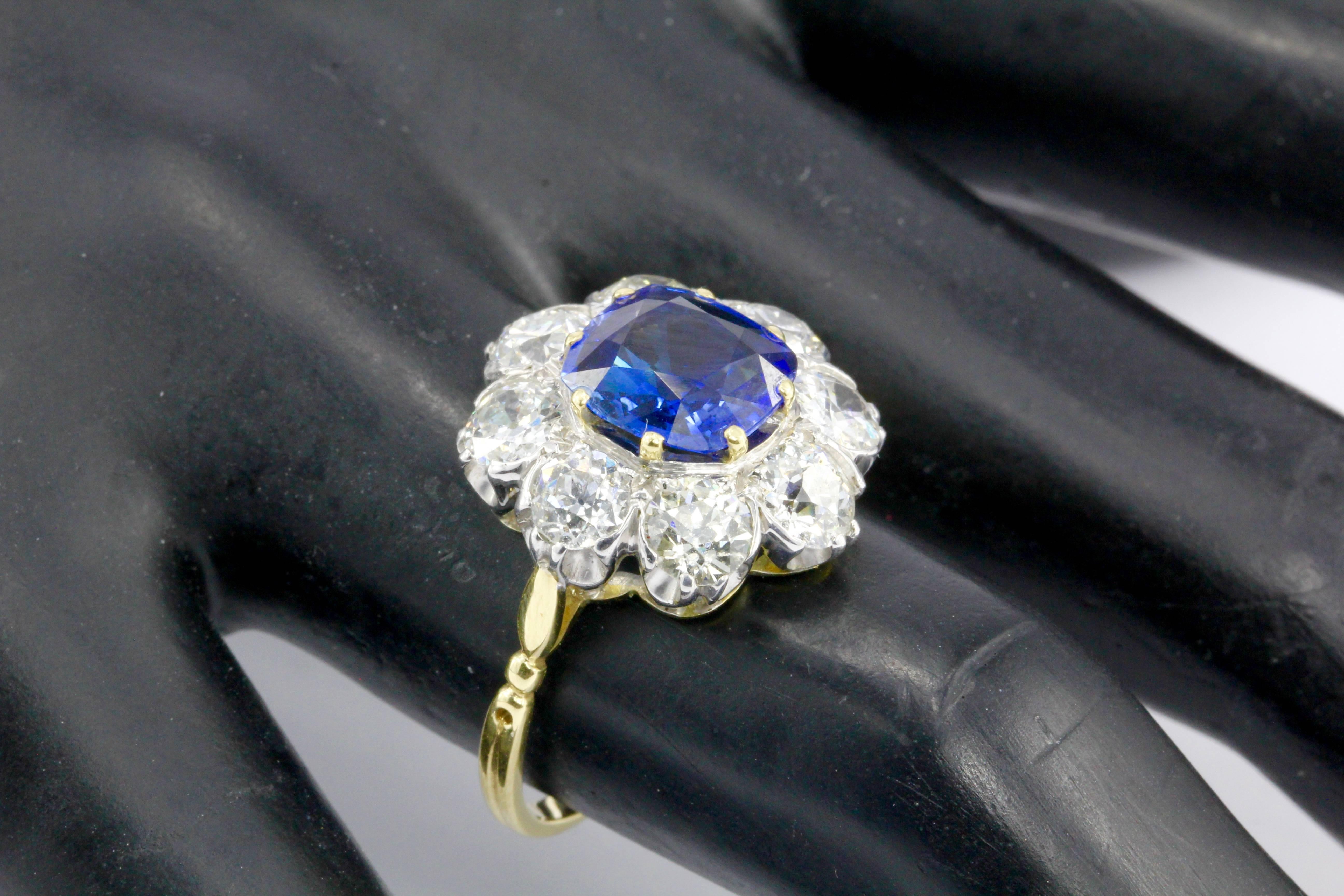 Revival 3 Carat Natural Sapphire 3.2 Carat Old Euro Diamond Flower Ring