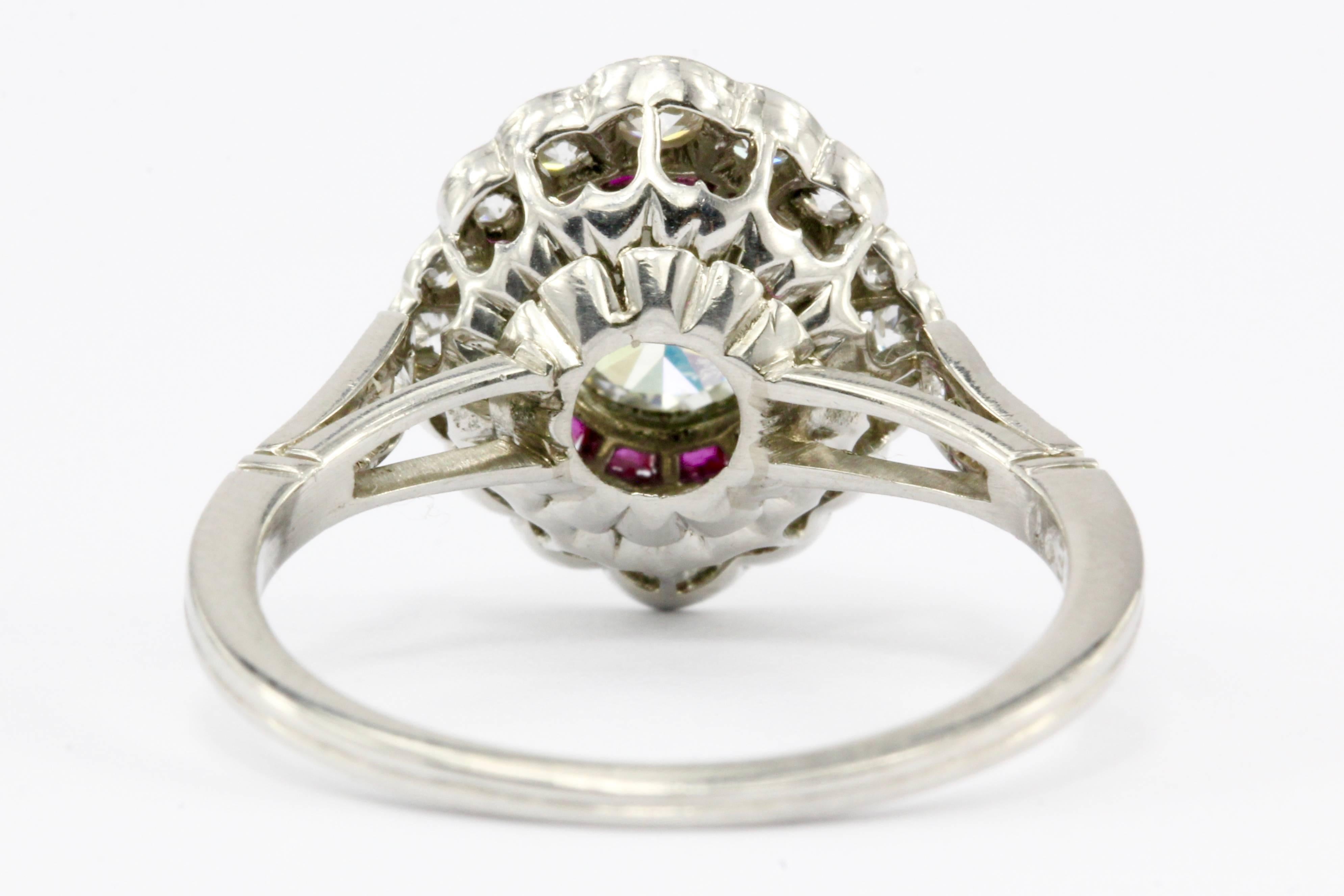 Old European Cut .63 Carat Diamond Ruby Halo Handmade Platinum Ring