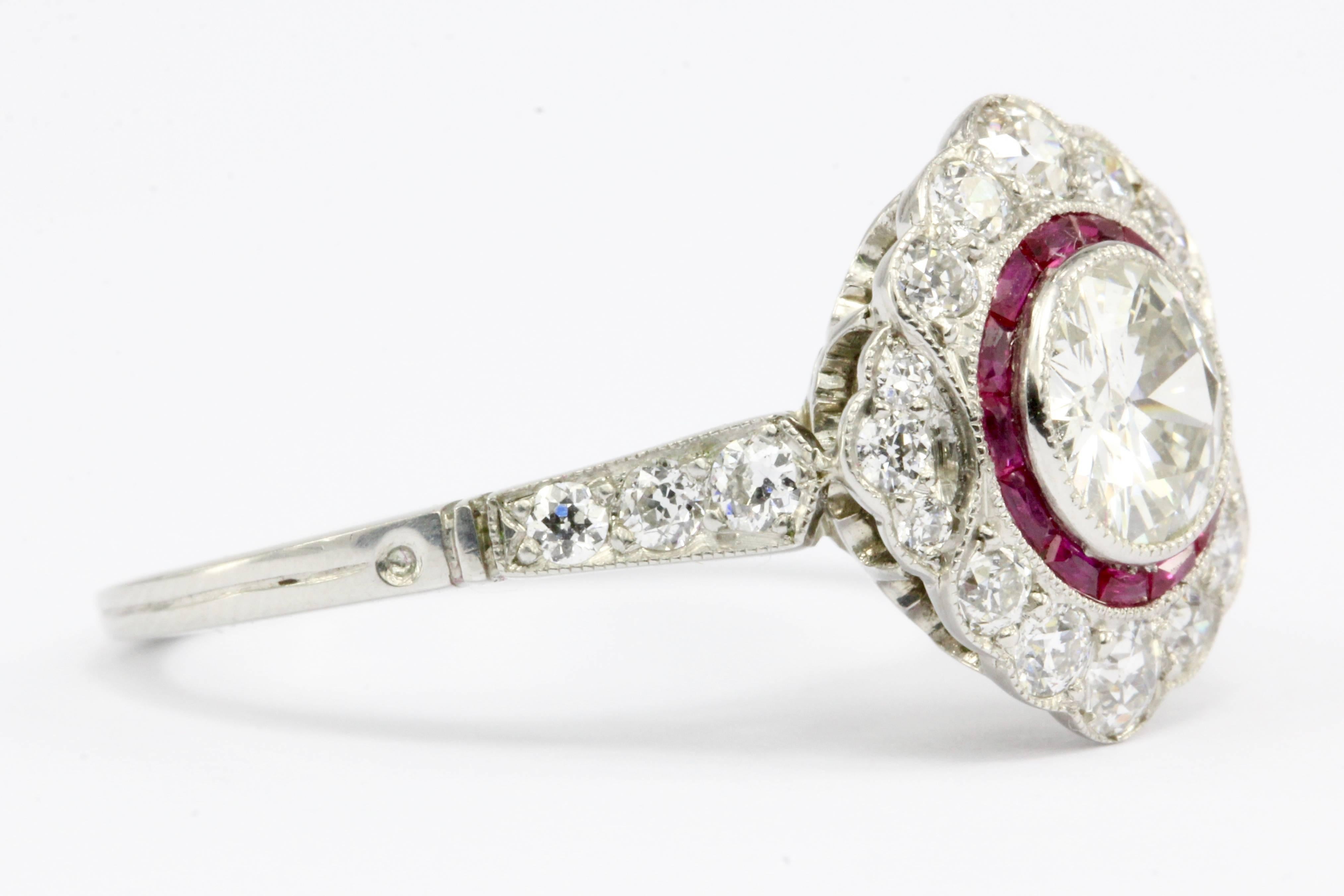 Art Deco .63 Carat Diamond Ruby Halo Handmade Platinum Ring