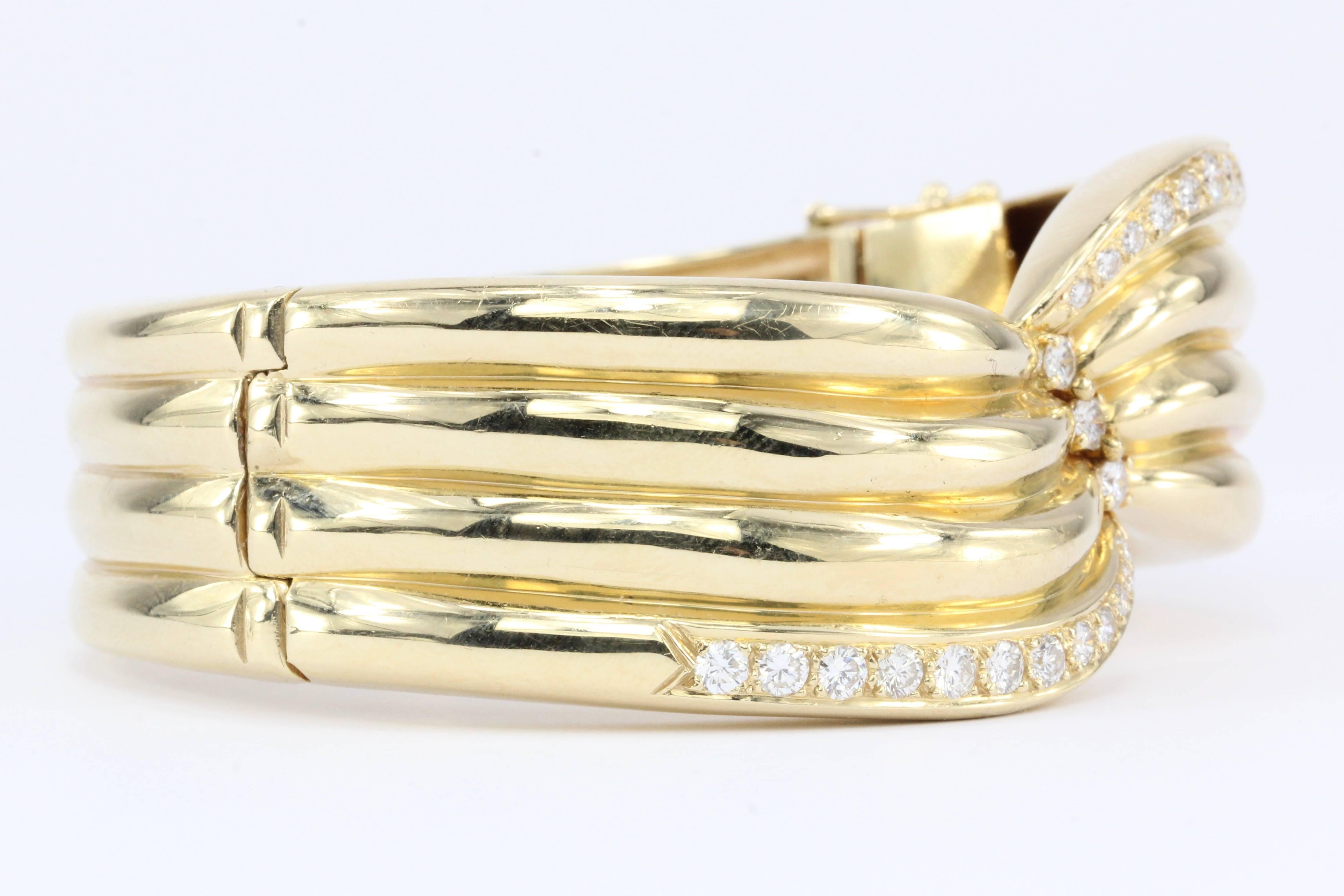 Retro Yellow Gold Diamond Bangle Bracelet In Excellent Condition In Cape May, NJ