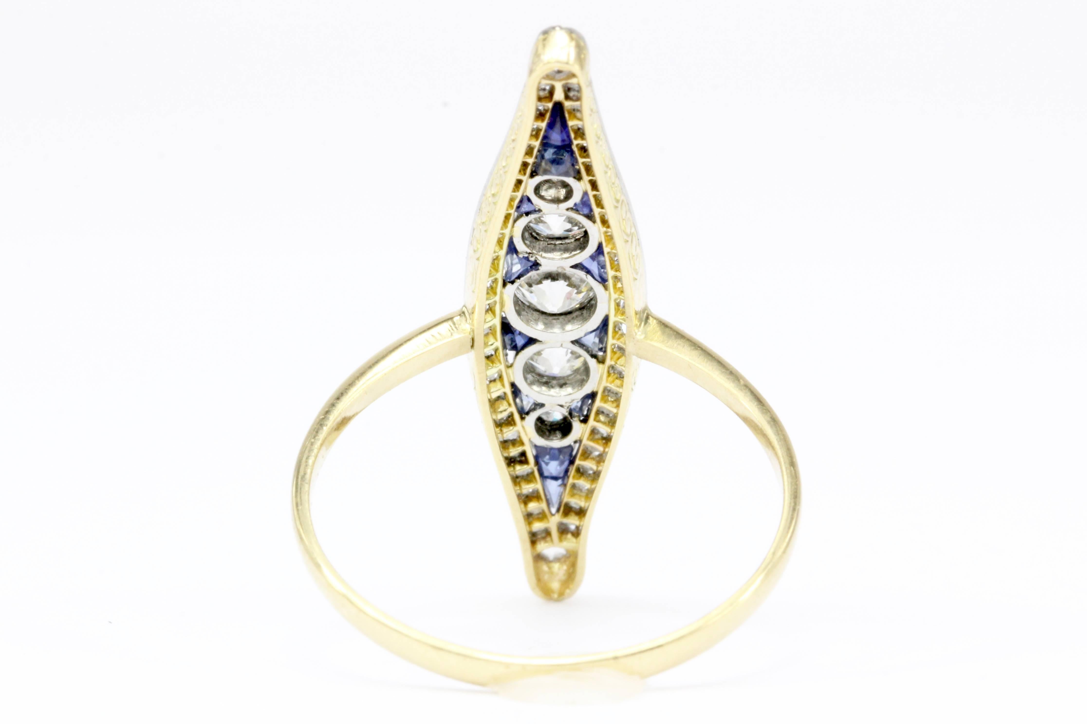 Edwardian Diamond and Sapphire Navette Ring, circa 1900s In Excellent Condition In Cape May, NJ