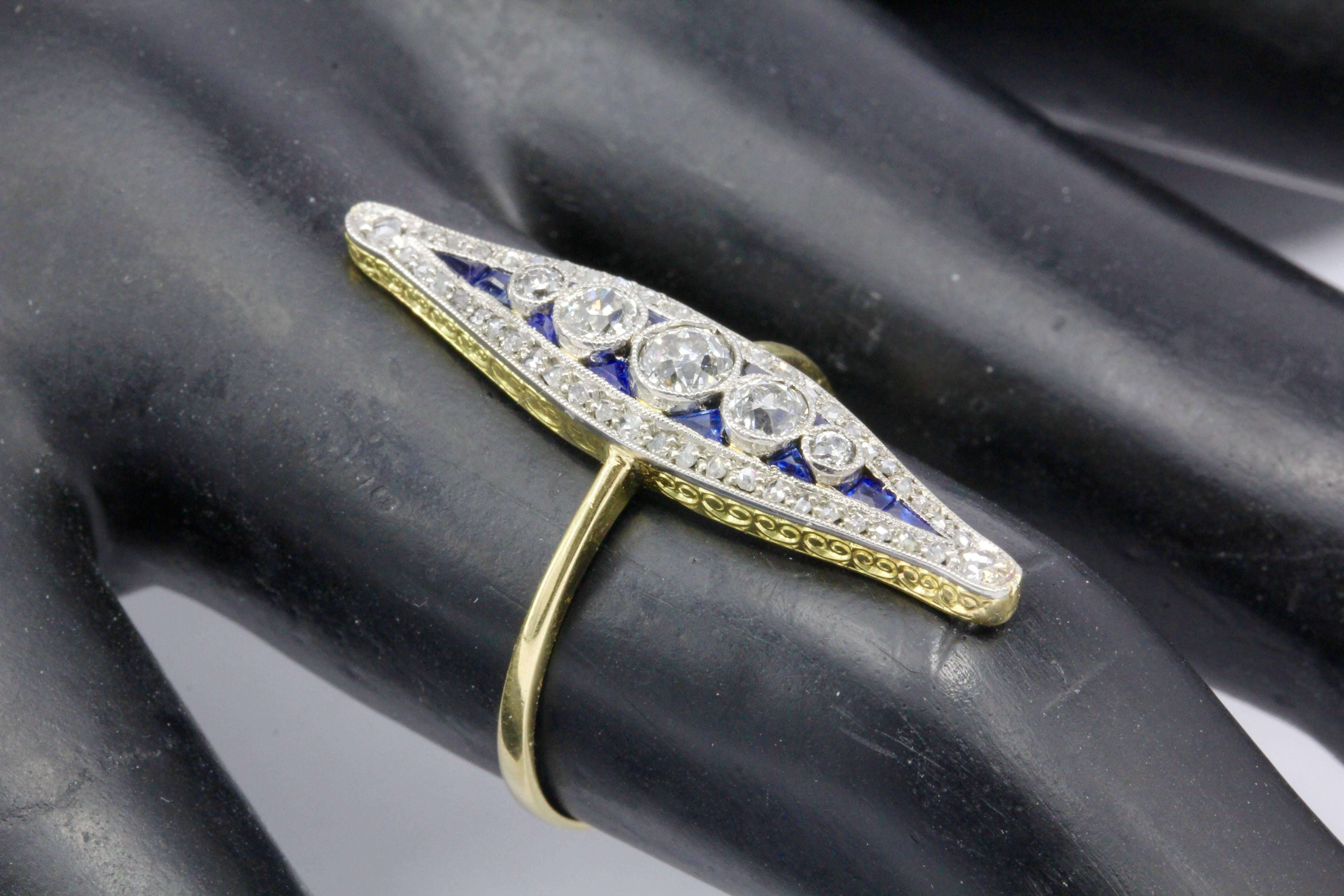 Edwardian Diamond and Sapphire Navette Ring, circa 1900s 1