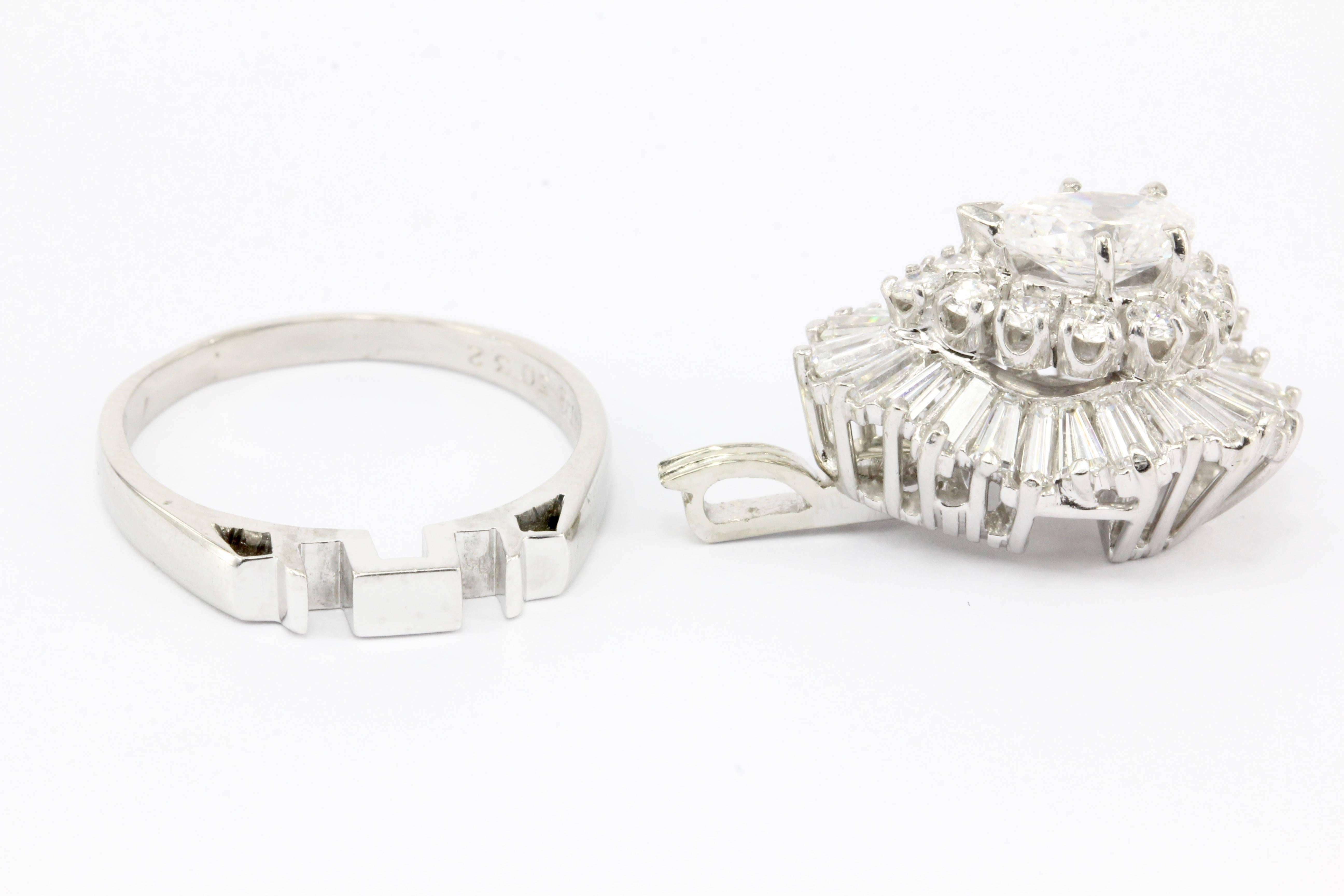 Retro Platinum 3 Carat Diamond Convertible Ring to Pendant, circa 1950s