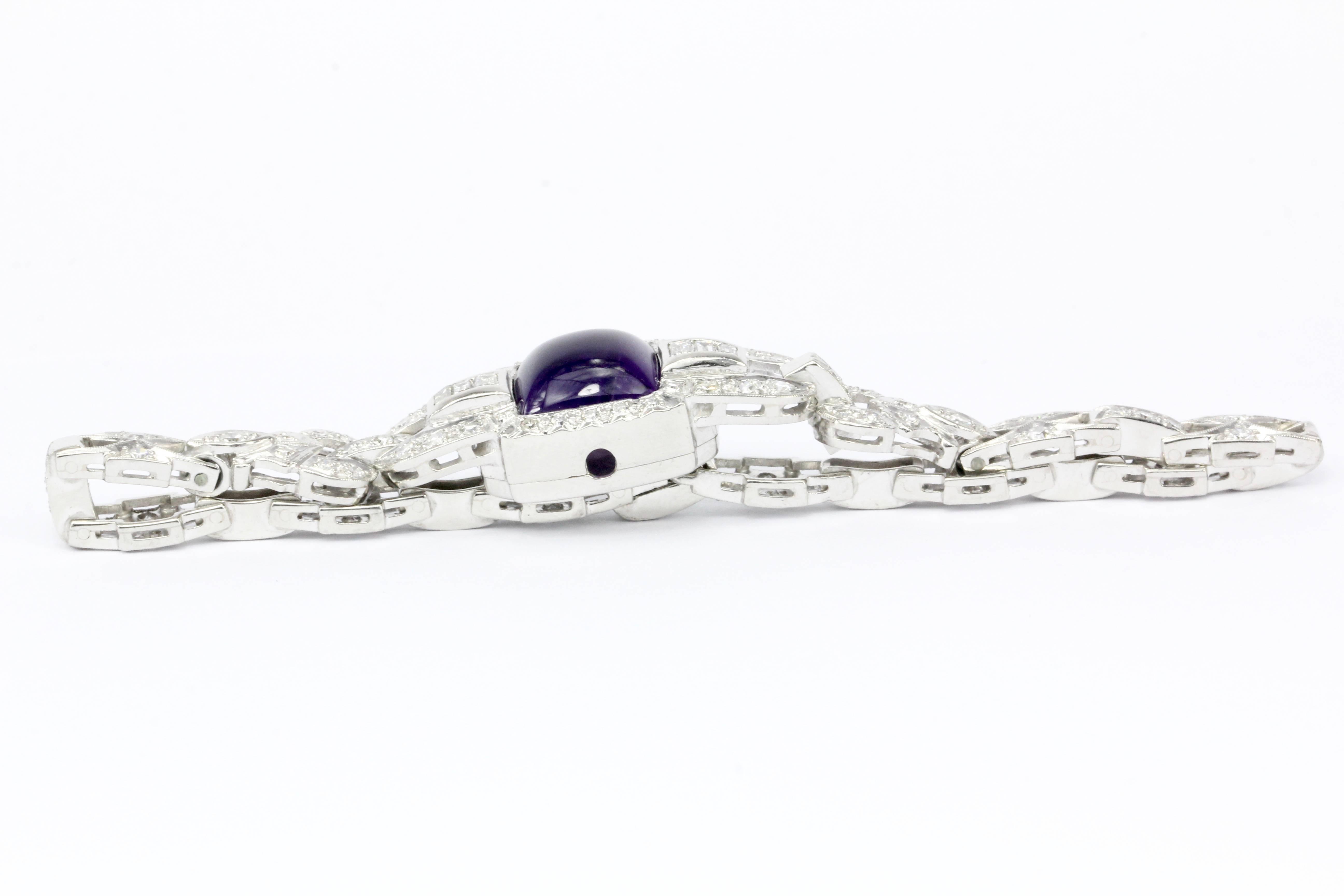 Art Deco Platinum Diamond Watch Conversion with Amethyst Cabochon In Excellent Condition In Cape May, NJ