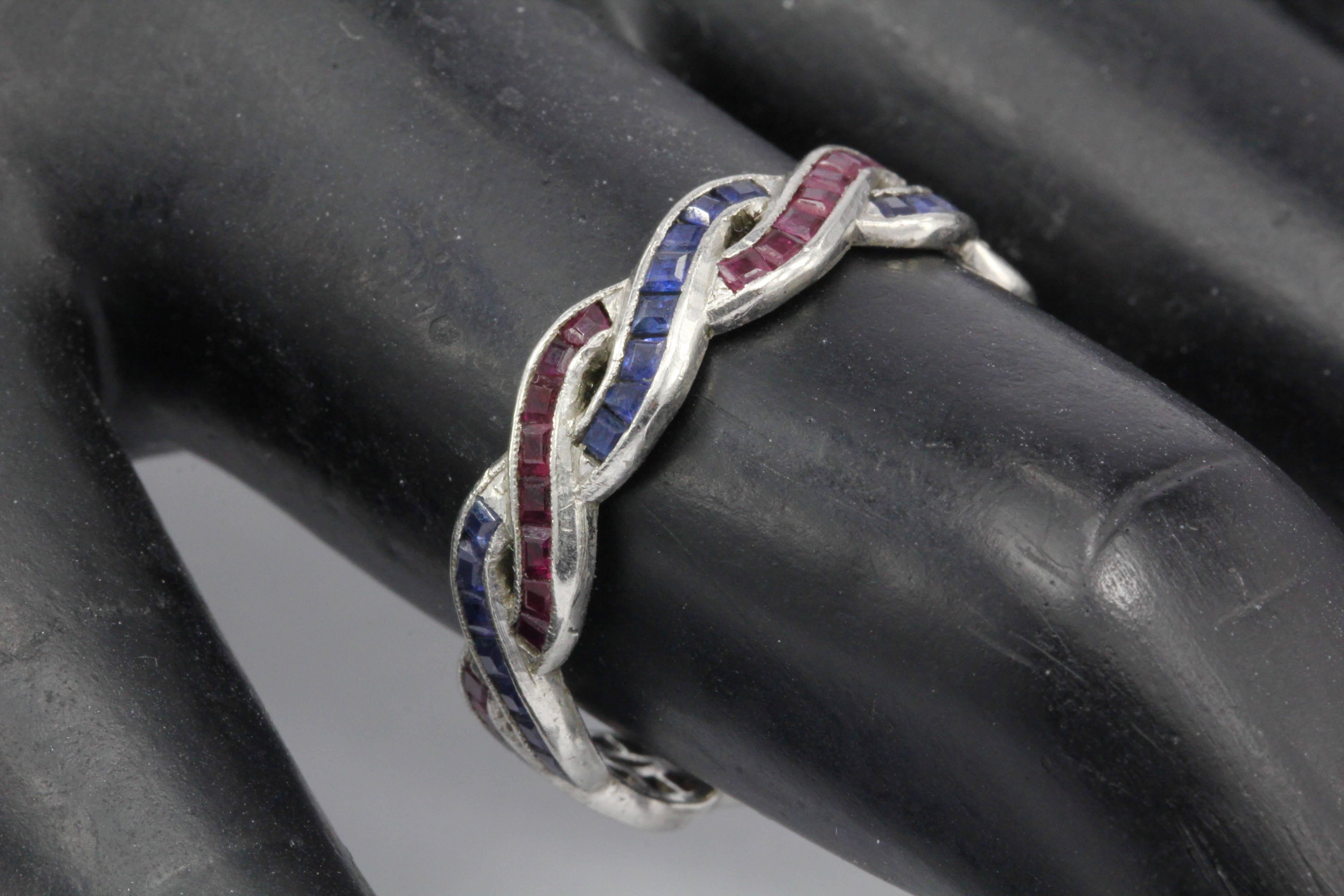 Women's Art Deco Platinum Ruby and Sapphire Woven Eternity Band