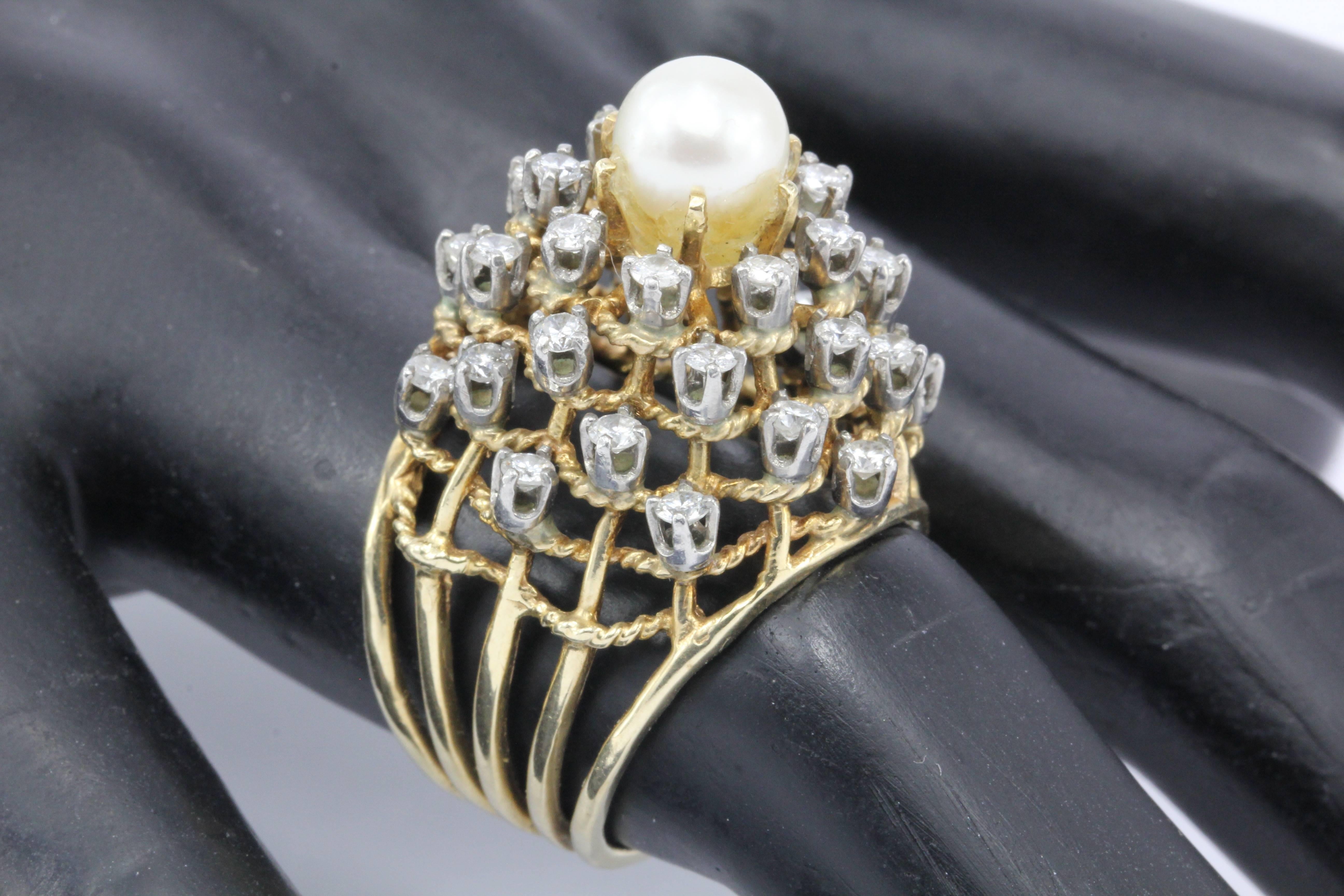 Vintage Midcentury Pearl and Diamond Tiered Cocktail Ring 1