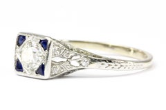 Art Deco Platinum Diamond and Sapphire Square Top Ring