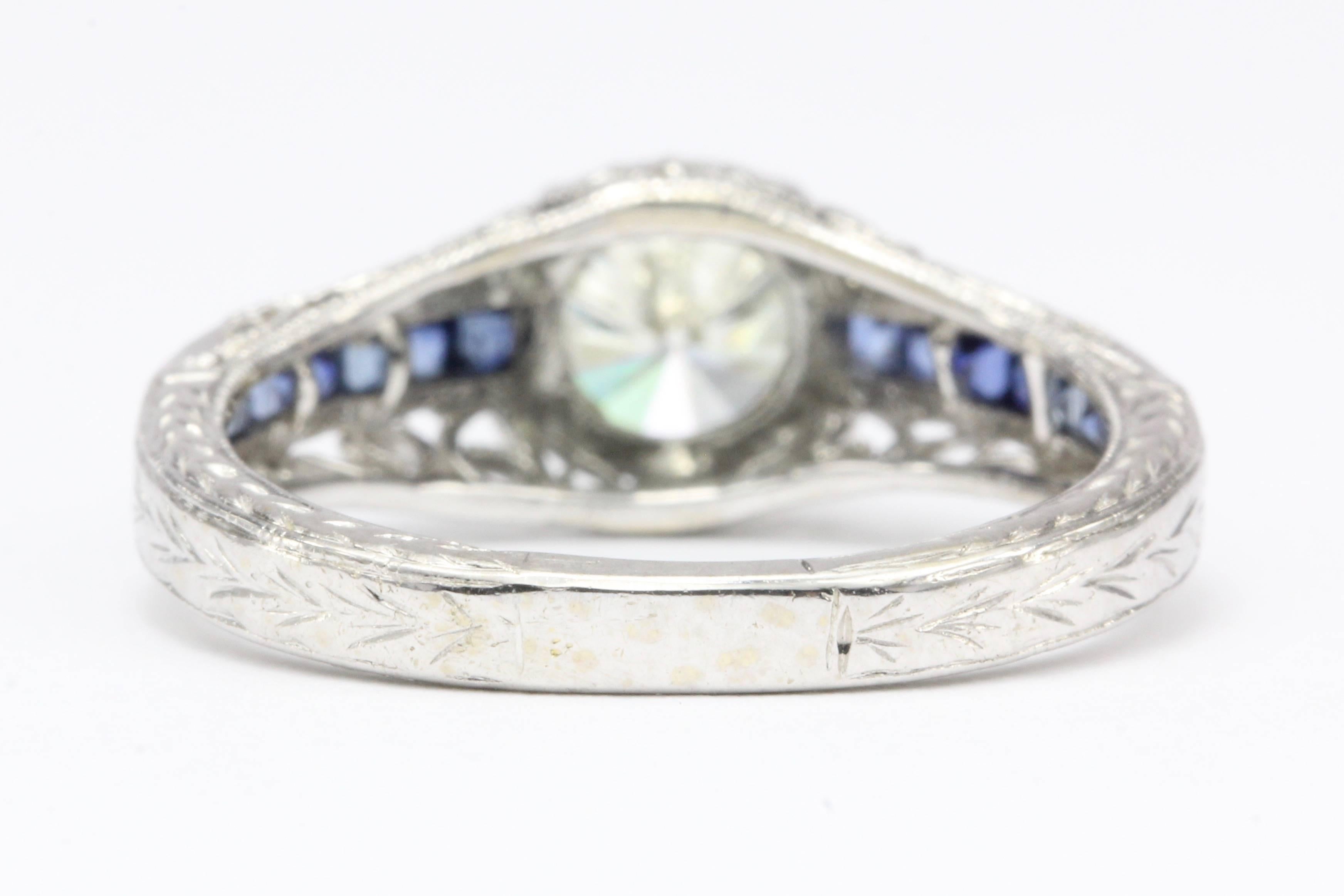 Women's Art Deco Style White Gold 1 Carat Diamond and Sapphire Ring