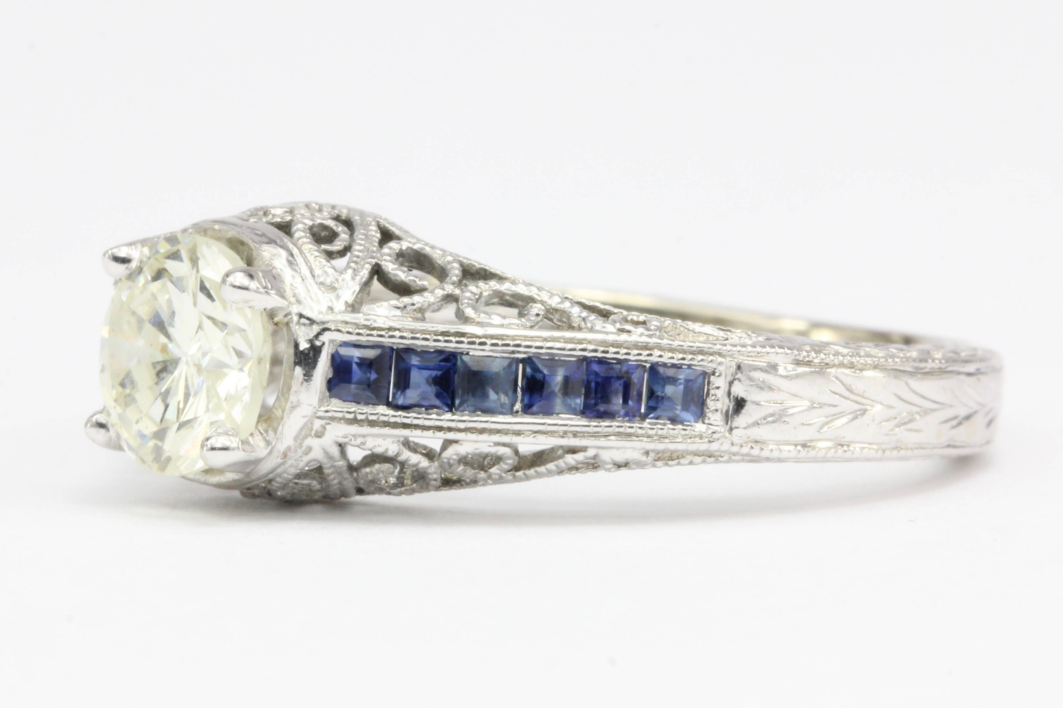 Art Deco Style White Gold 1 Carat Diamond and Sapphire Ring In Excellent Condition In Cape May, NJ
