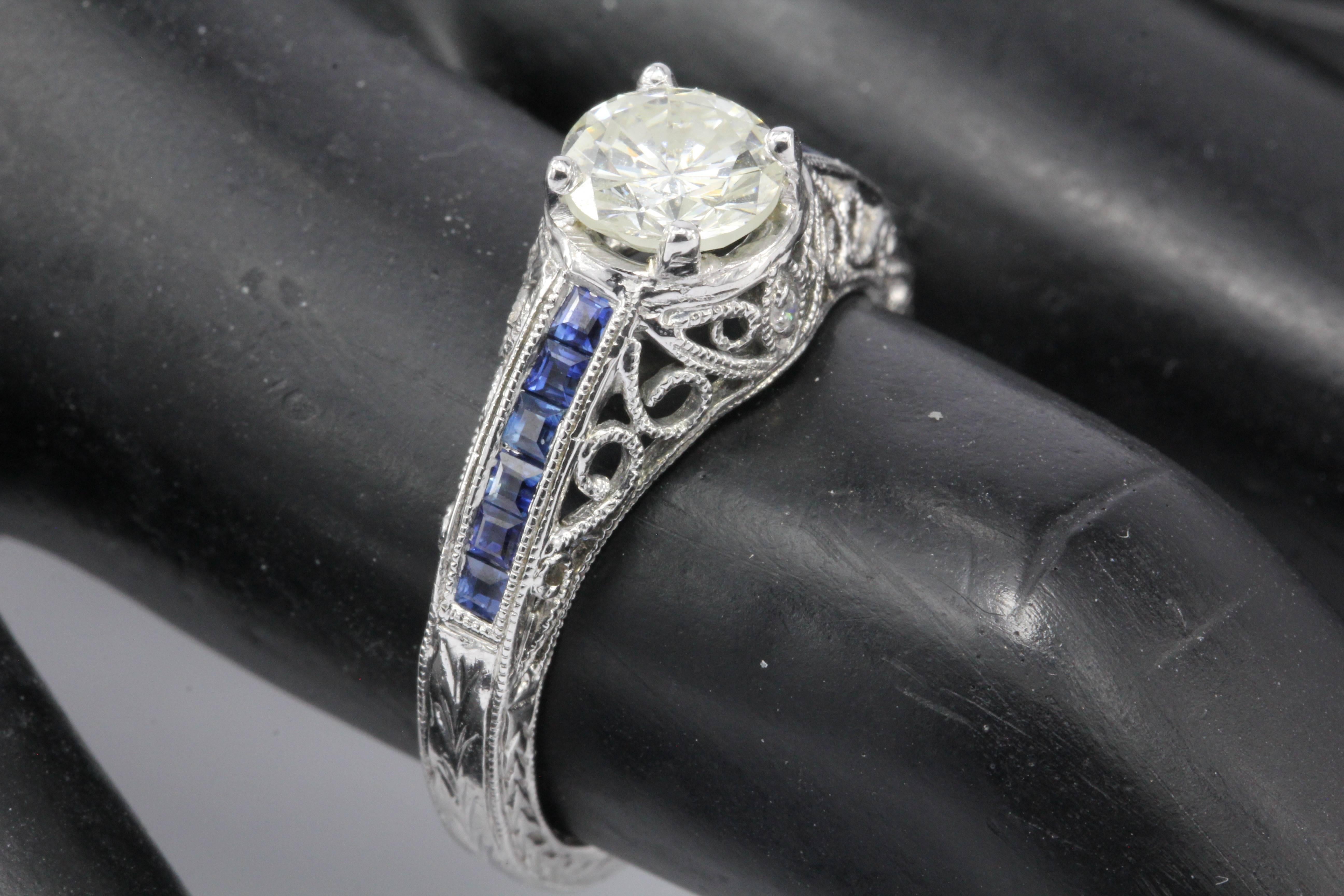 Art Deco Style White Gold 1 Carat Diamond and Sapphire Ring 4