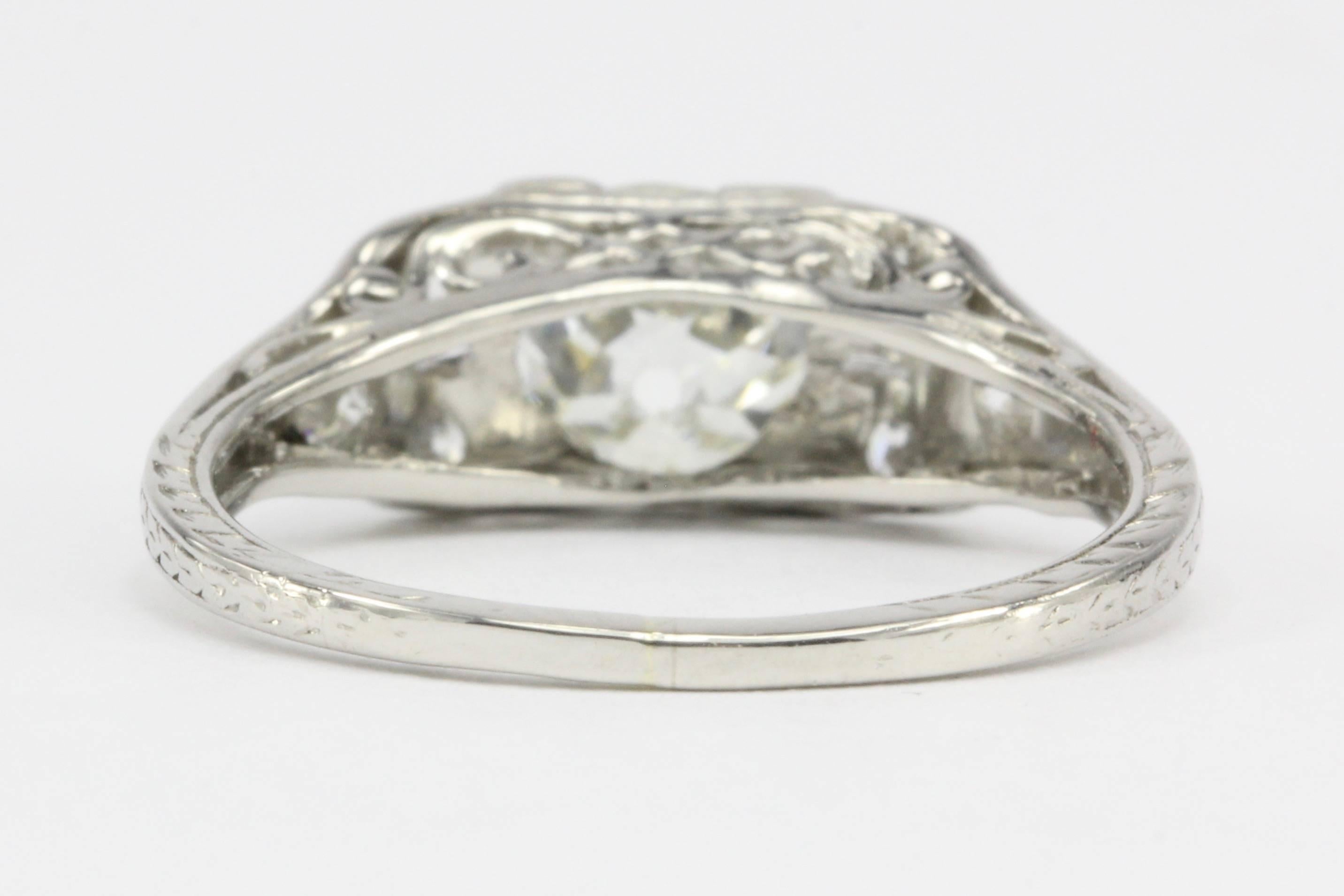 Art Deco Platinum .98 Carat Old Mine Cut Diamond Engagement Ring In Excellent Condition In Cape May, NJ