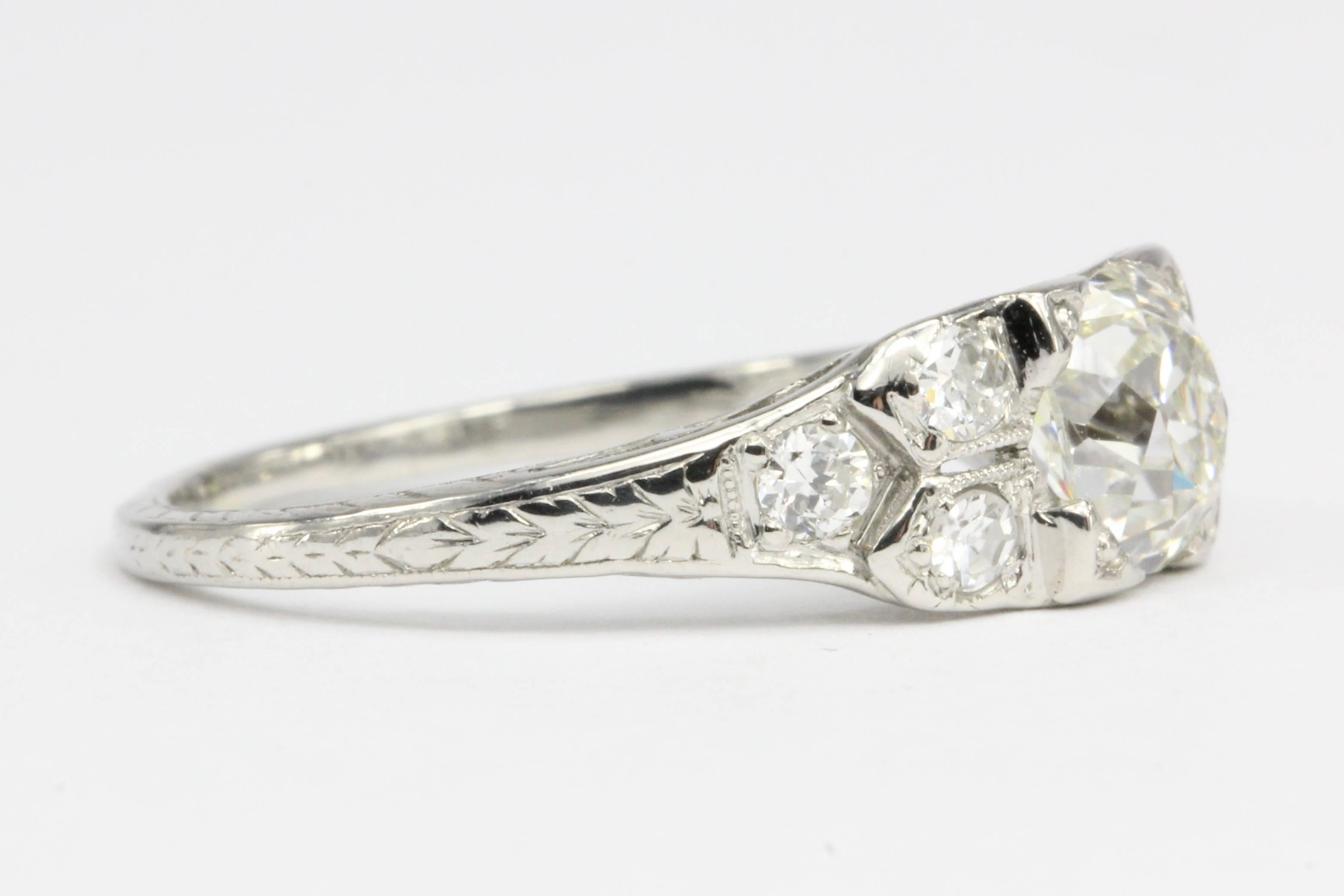 Old European Cut Art Deco Platinum .98 Carat Old Mine Cut Diamond Engagement Ring