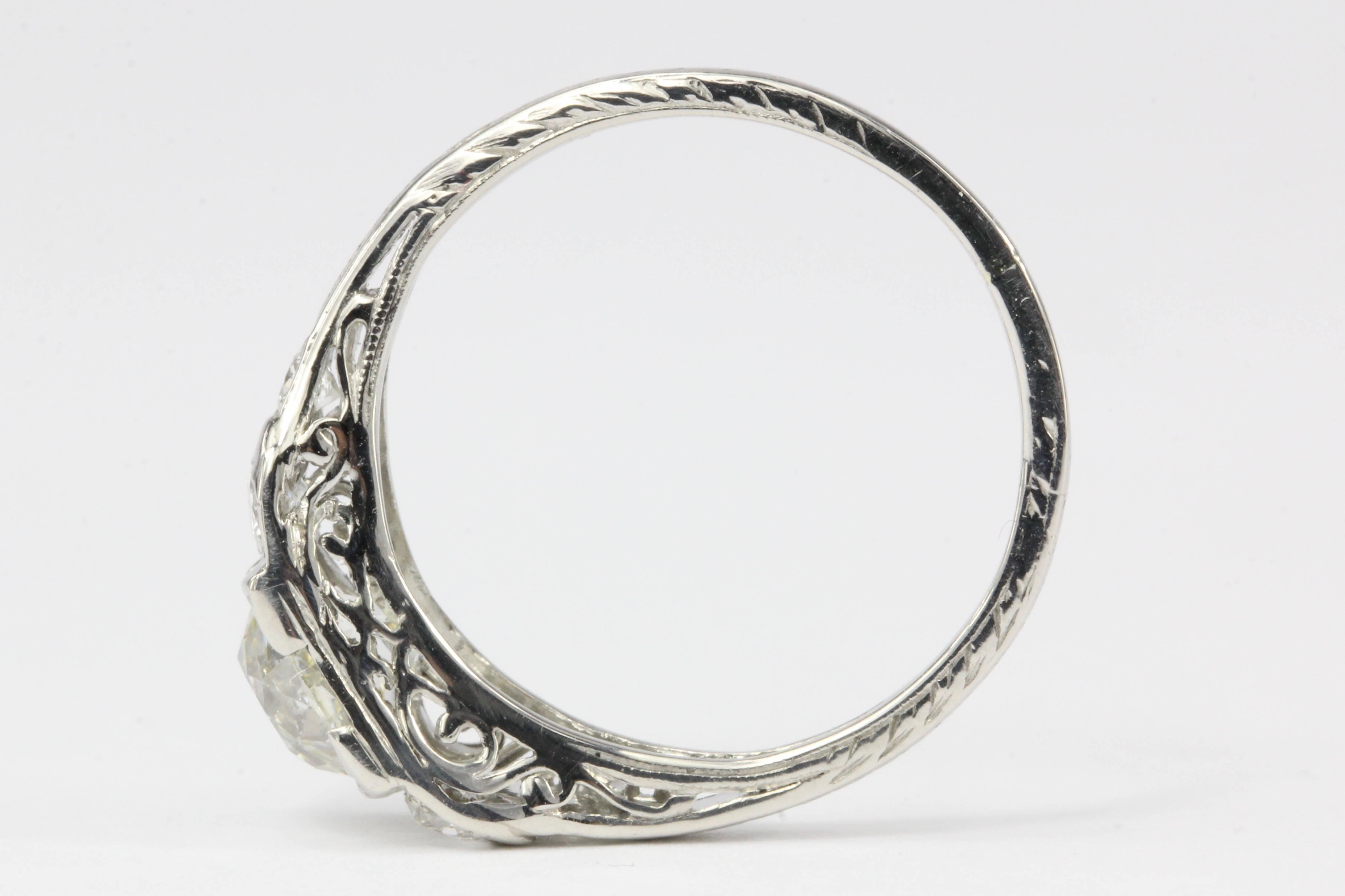 Women's Art Deco Platinum .98 Carat Old Mine Cut Diamond Engagement Ring