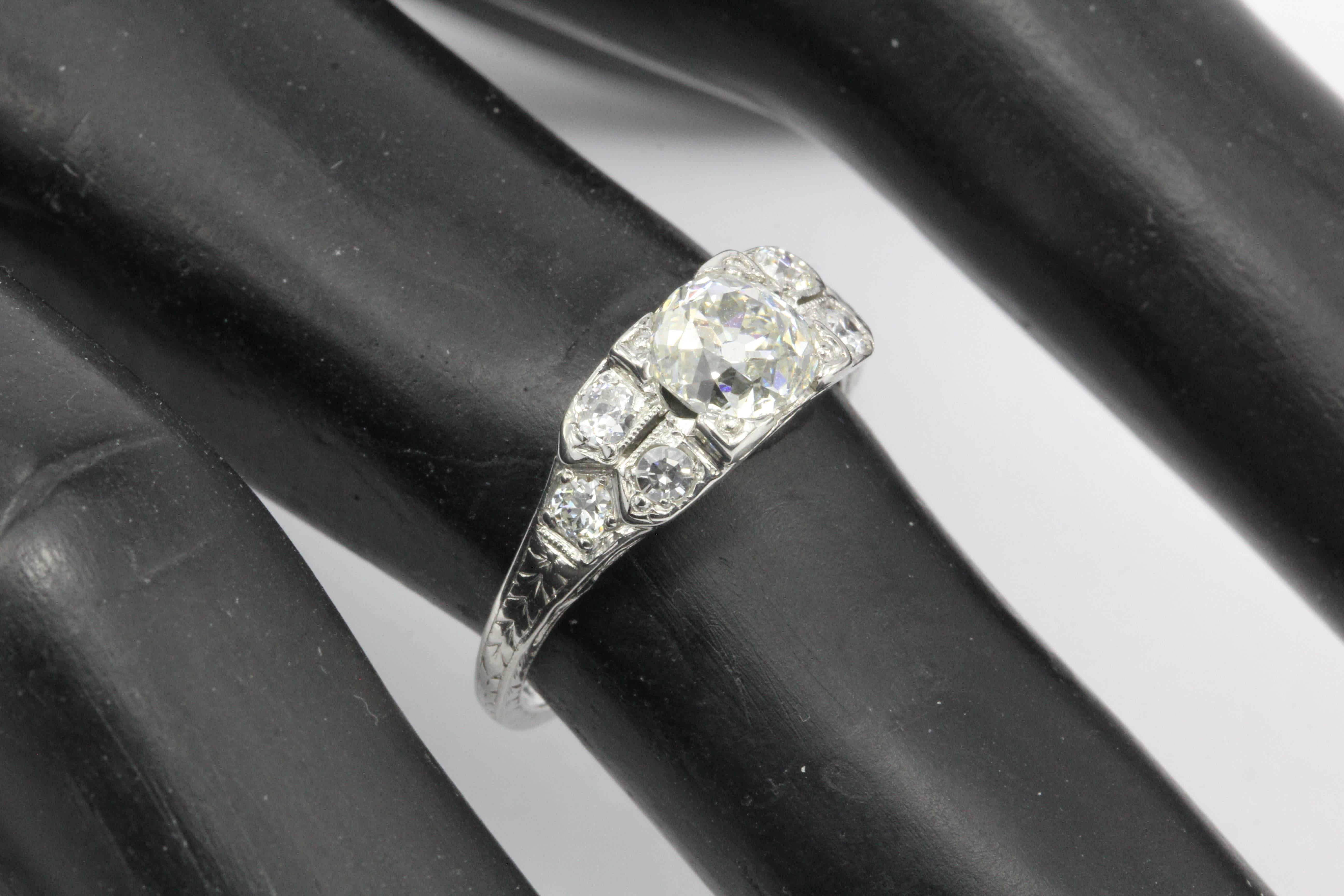 Art Deco Platinum .98 Carat Old Mine Cut Diamond Engagement Ring 1