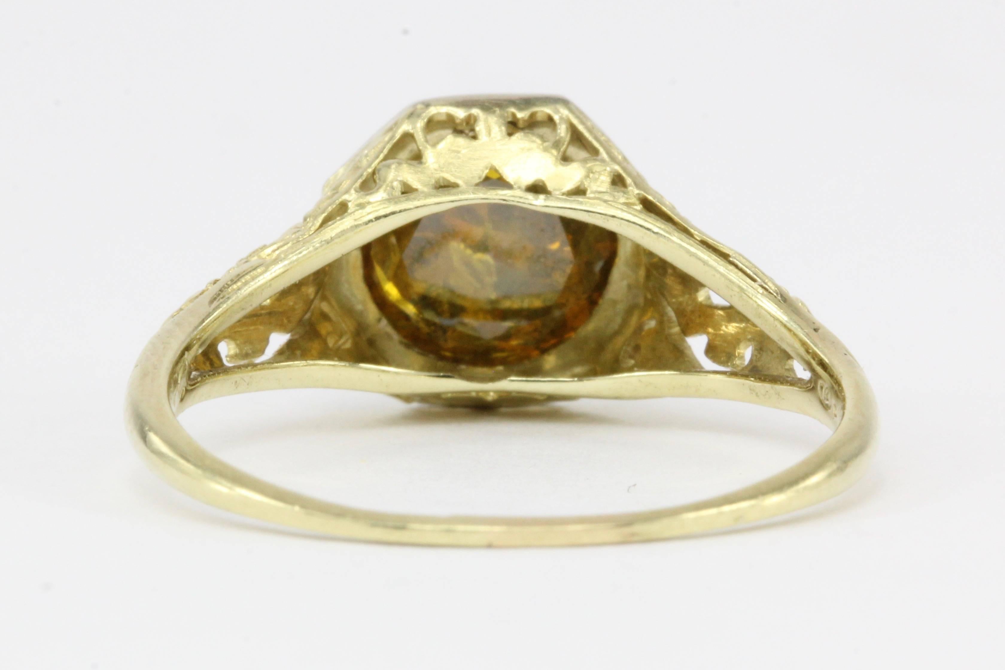 Platinum & Yellow Gold Art Deco 2ct Fancy Yellow Orange Upside-Down Diamond Ring In Excellent Condition In Cape May, NJ