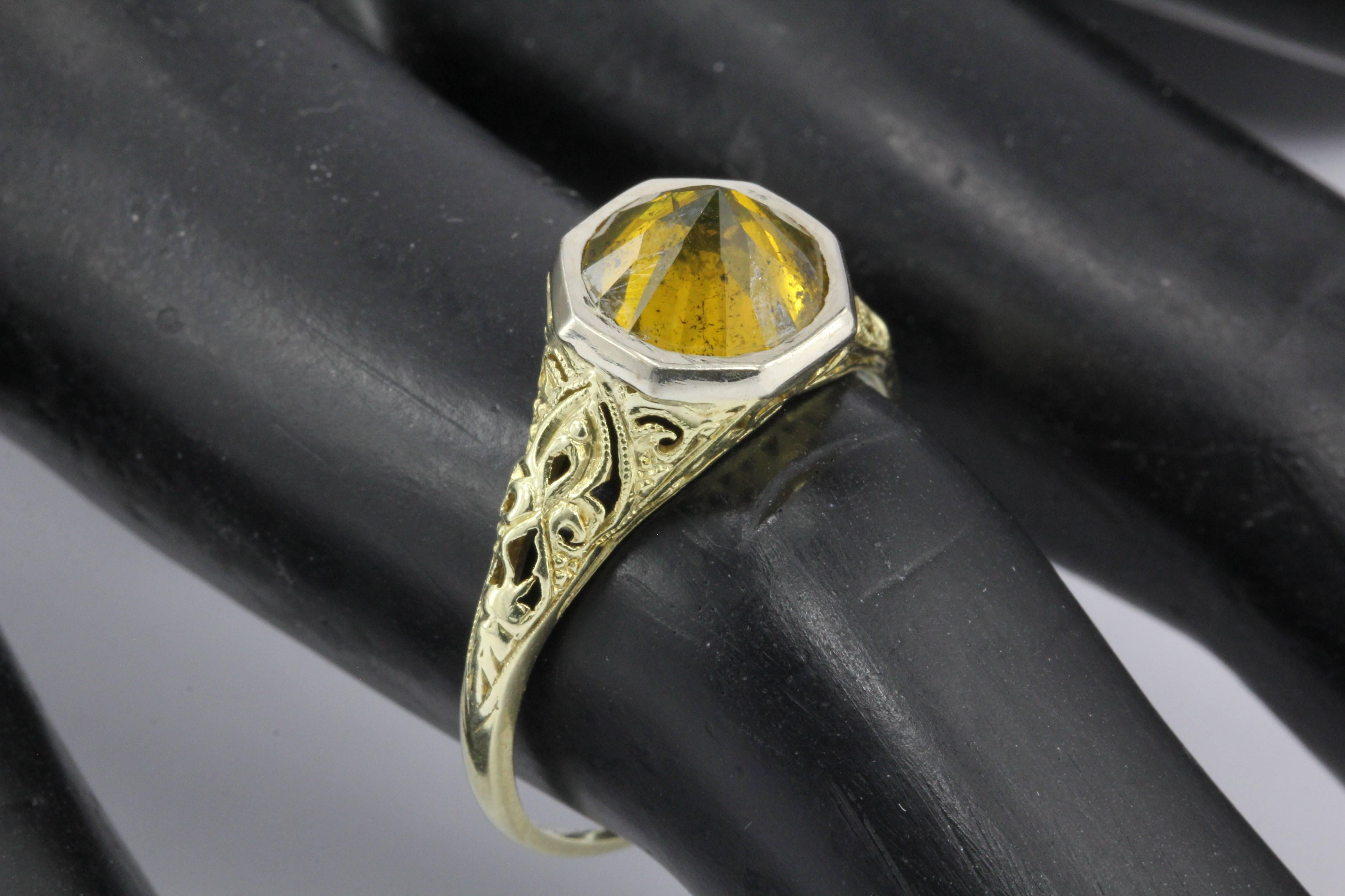 Platinum & Yellow Gold Art Deco 2ct Fancy Yellow Orange Upside-Down Diamond Ring 3