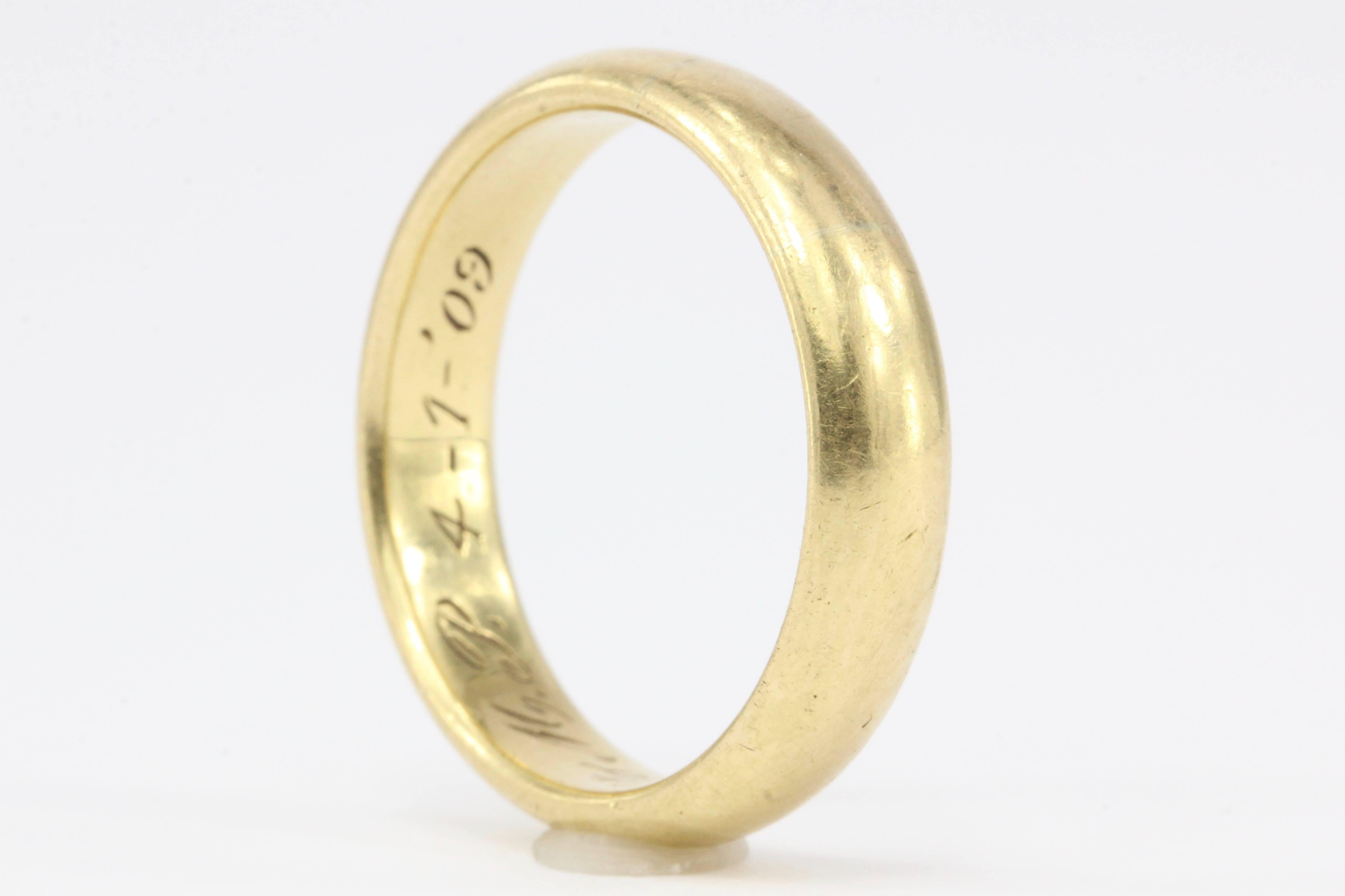 Era: Edwardian (English Made)

Composition: 18K yellow gold

Band Width: 5mm width

Ring Size: 10.25

Ring Weight: 8.9 grams

Ring Condition: Excellent estate condition, ready to wear