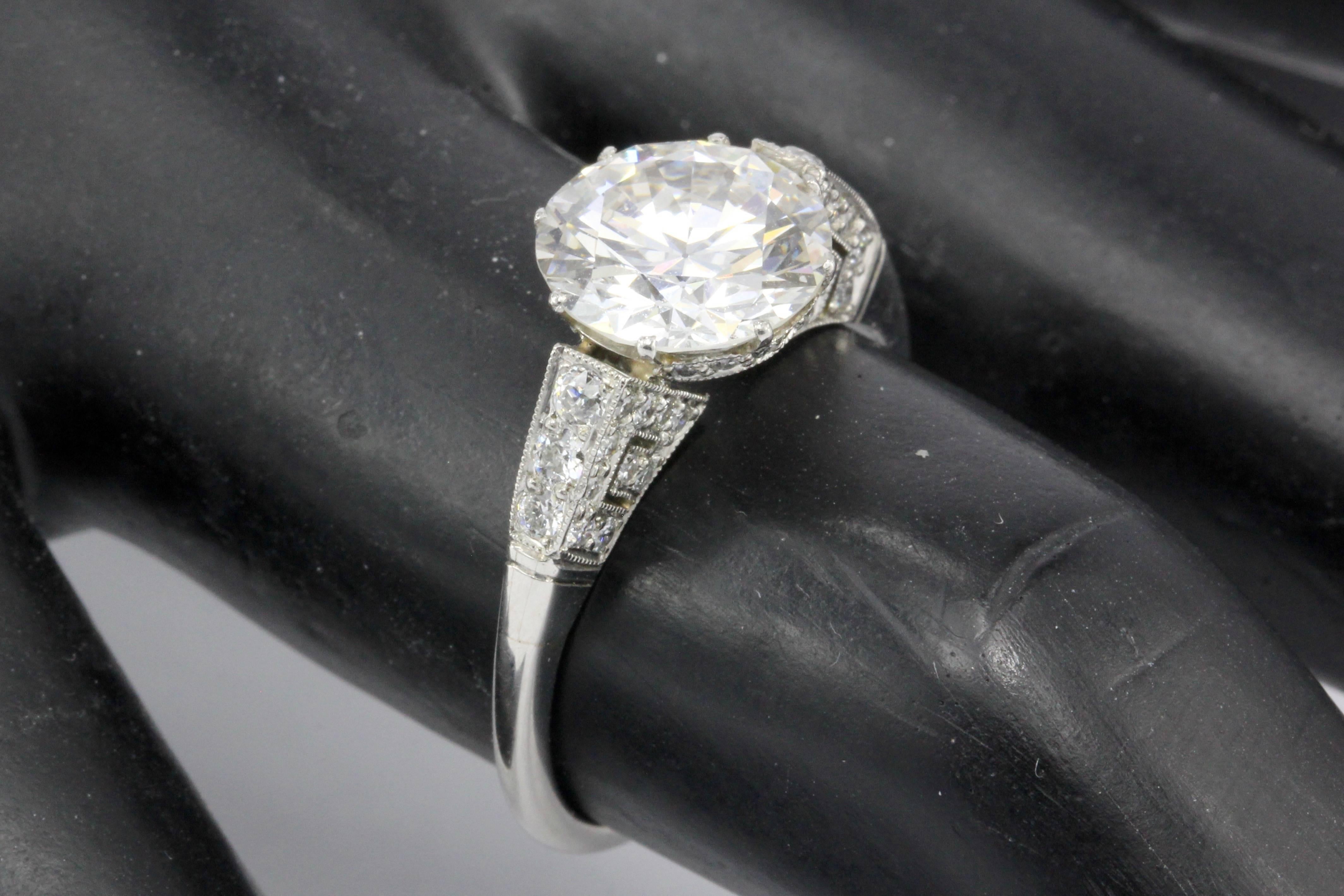Art Deco Style Platinum GIA 2.59 Carat Old European Cut Diamond Ring 3