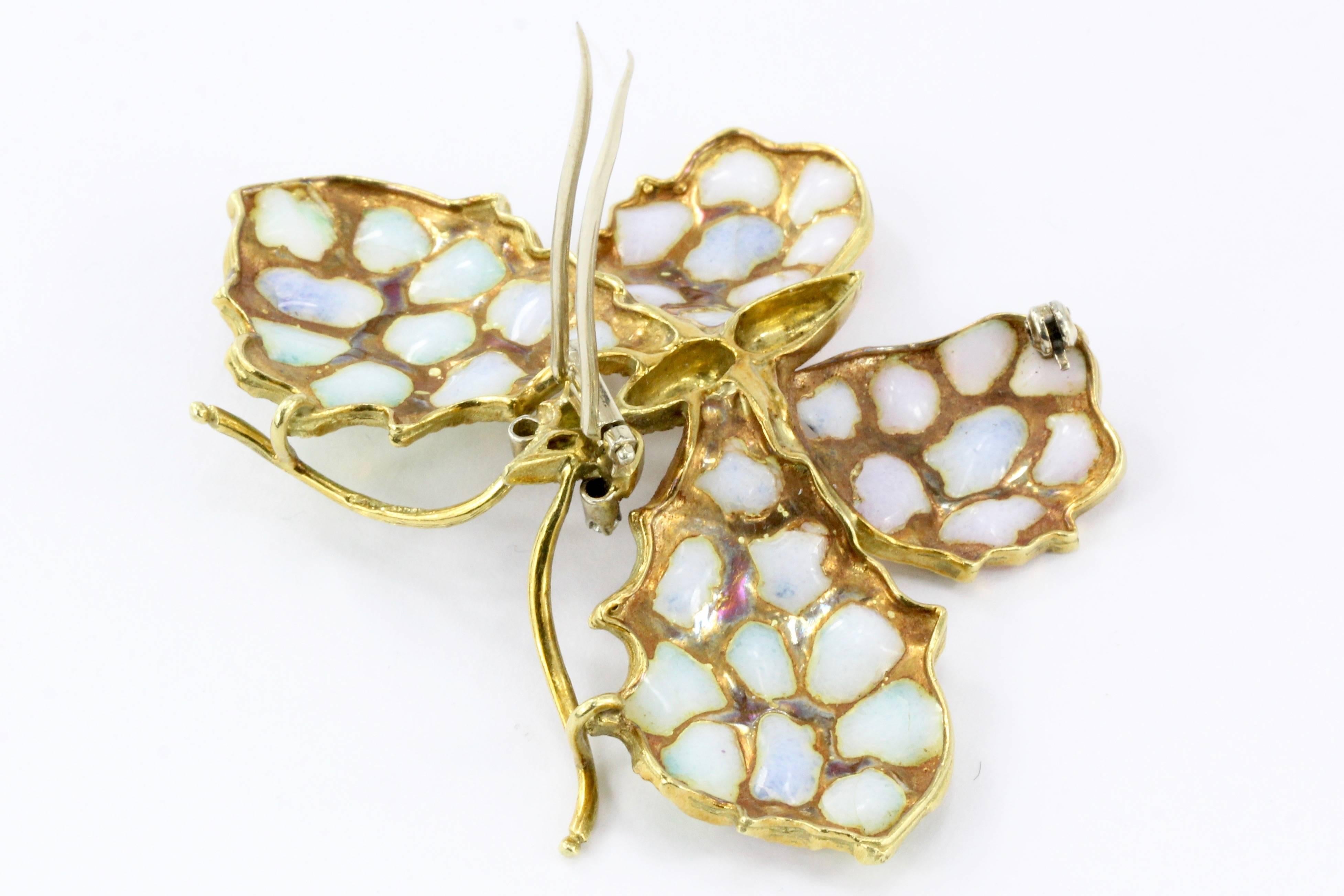 Retro Art Nouveau Revival 18 Karat Gold Plique-à-Jour Enamel Butterfly Brooch In Excellent Condition In Cape May, NJ