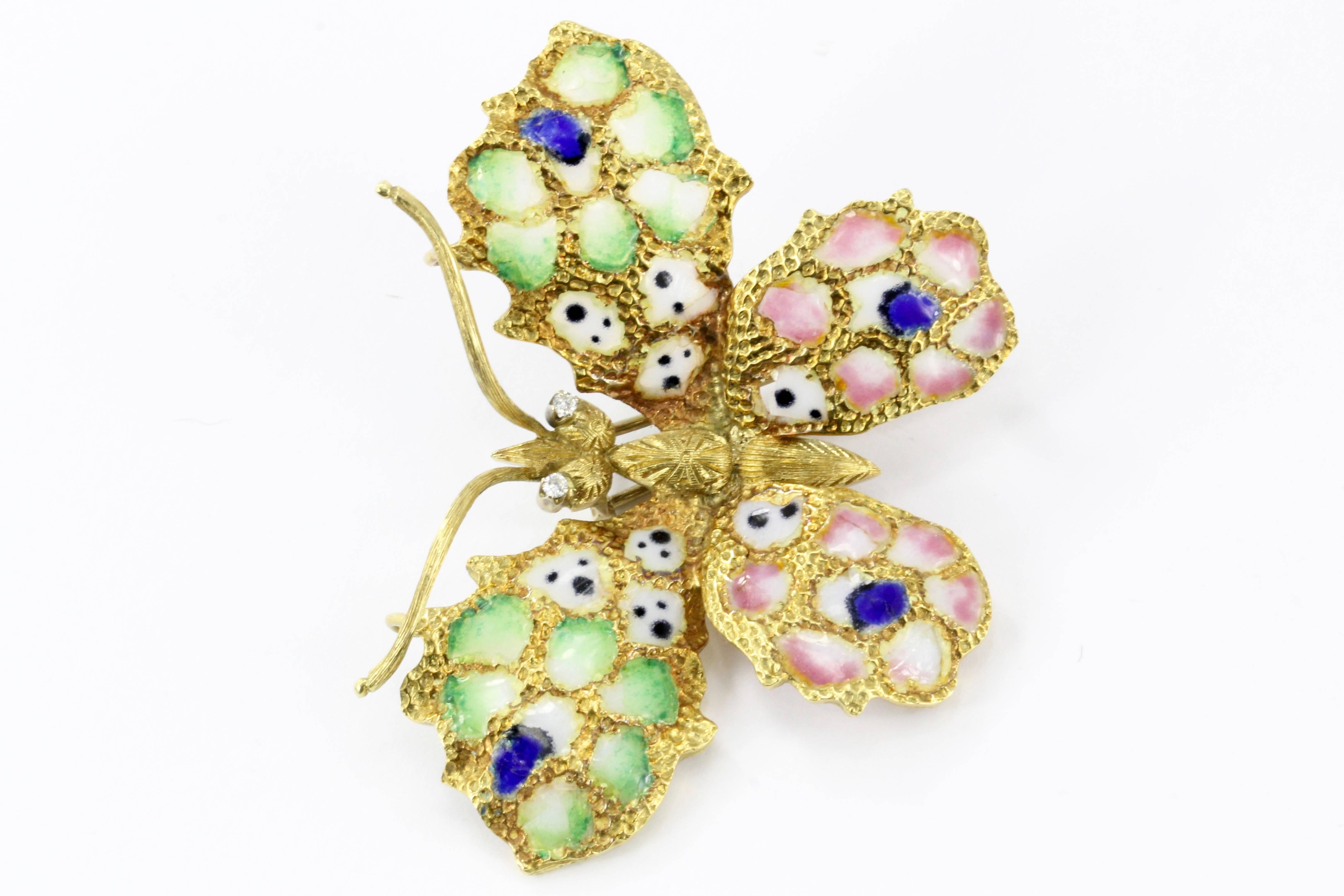 Women's Retro Art Nouveau Revival 18 Karat Gold Plique-à-Jour Enamel Butterfly Brooch