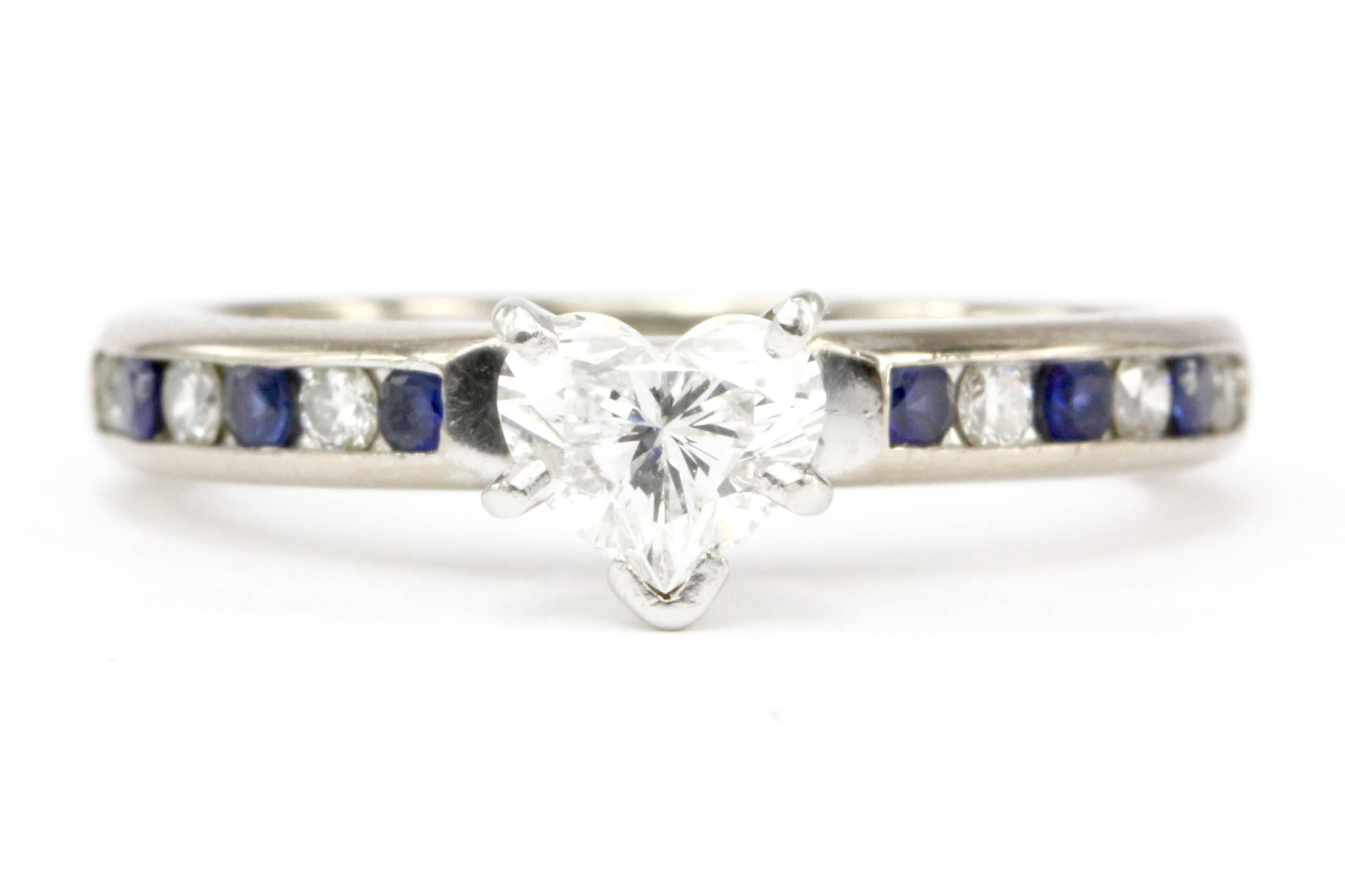 White Gold Platinum Top Heart Cut Diamond and Sapphire Engagement Ring