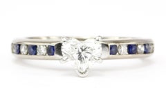 White Gold Platinum Top Heart Cut Diamond and Sapphire Engagement Ring