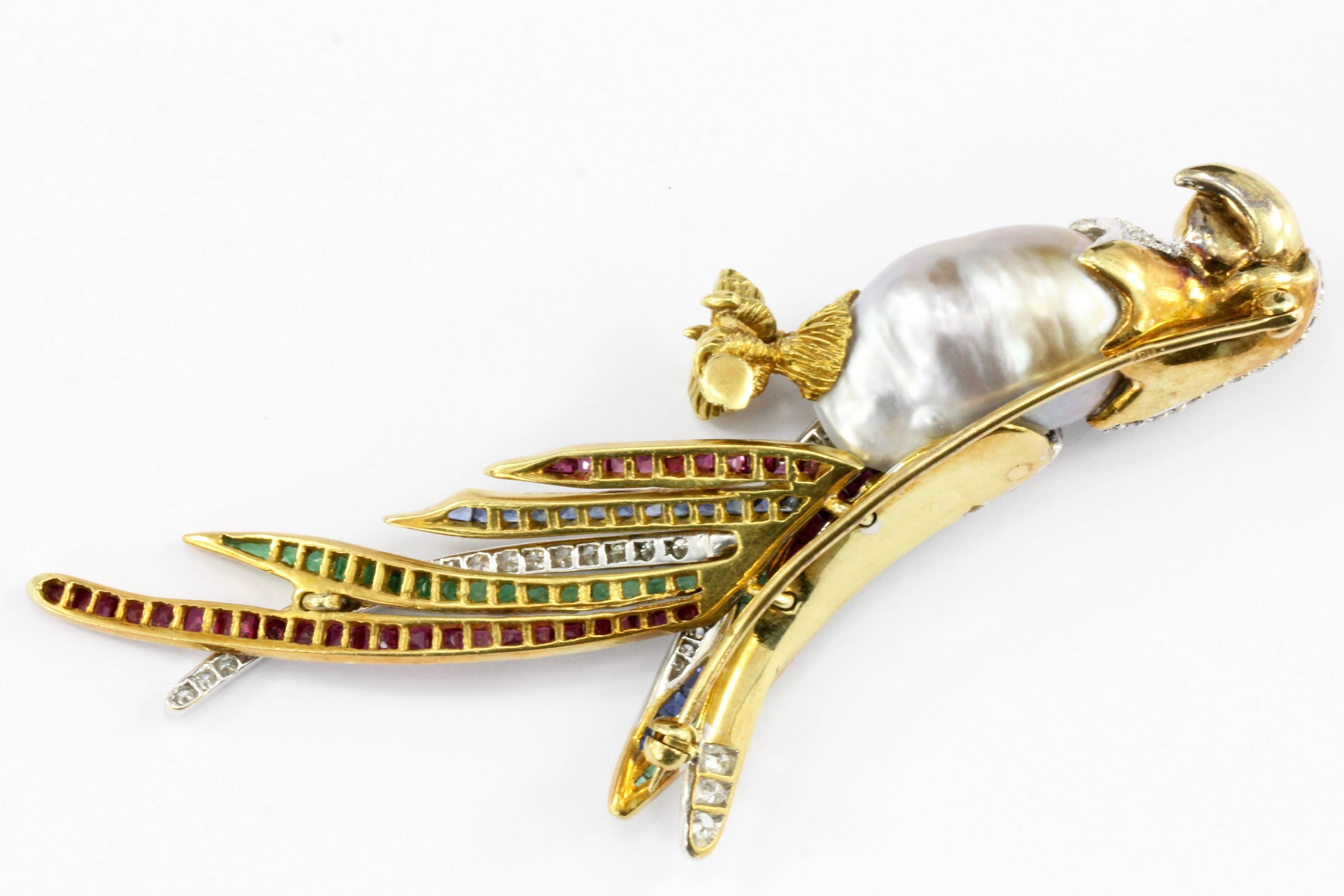 18K Gold and Platinum Baroque Pearl Ruby Emerald Sapphire Diamond Parrot Brooch In Excellent Condition In Cape May, NJ