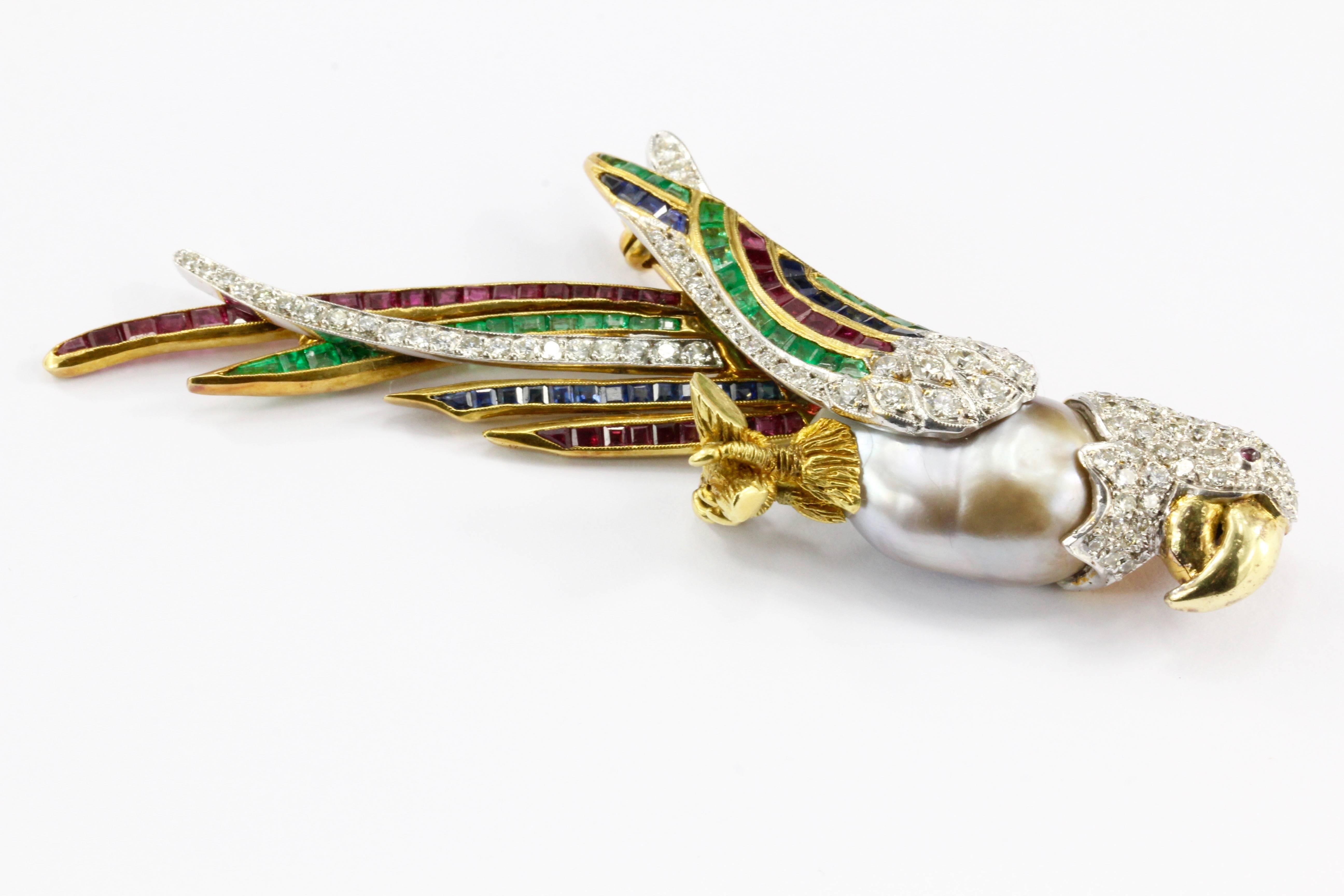 18K Gold and Platinum Baroque Pearl Ruby Emerald Sapphire Diamond Parrot Brooch 1