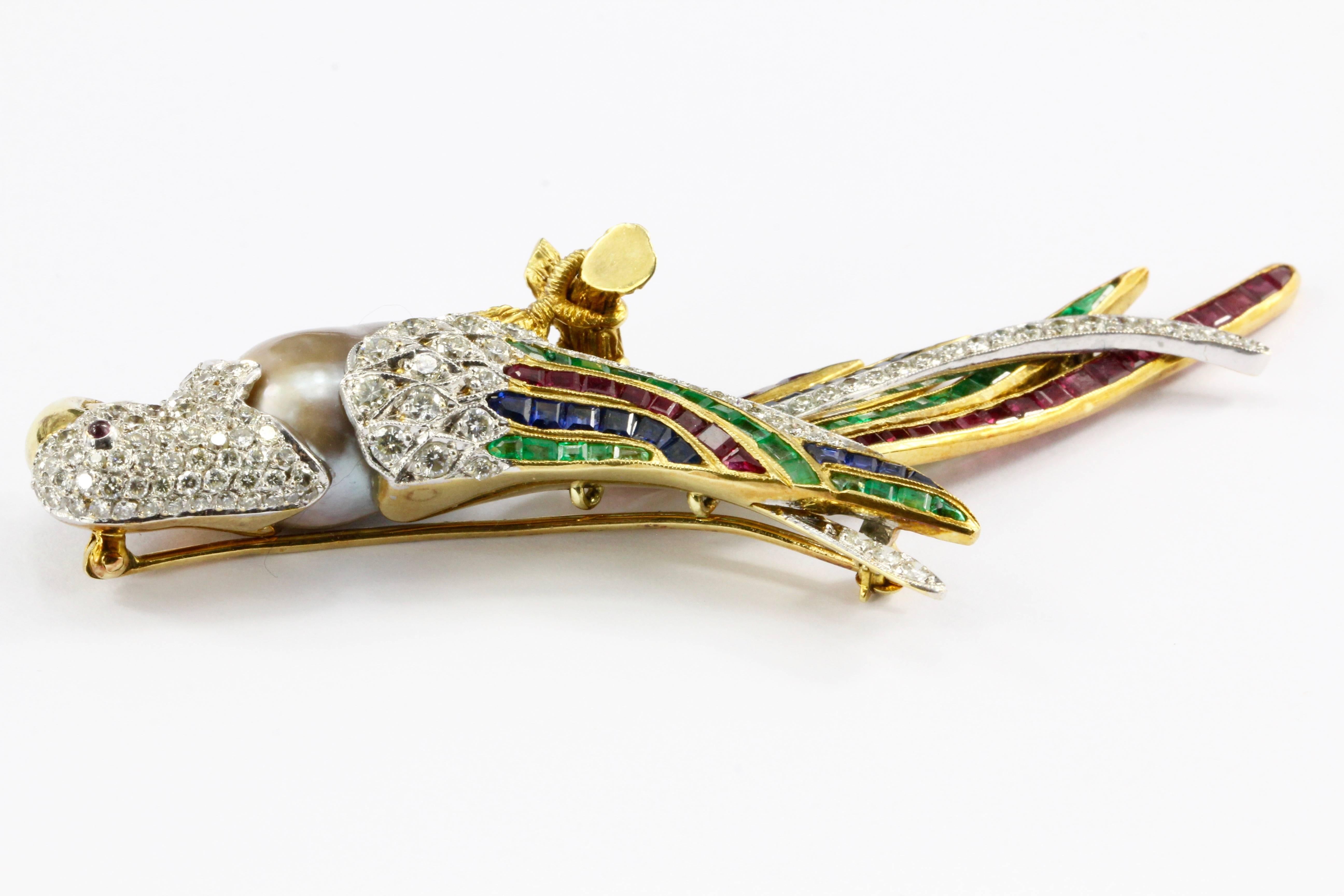 Women's 18K Gold and Platinum Baroque Pearl Ruby Emerald Sapphire Diamond Parrot Brooch