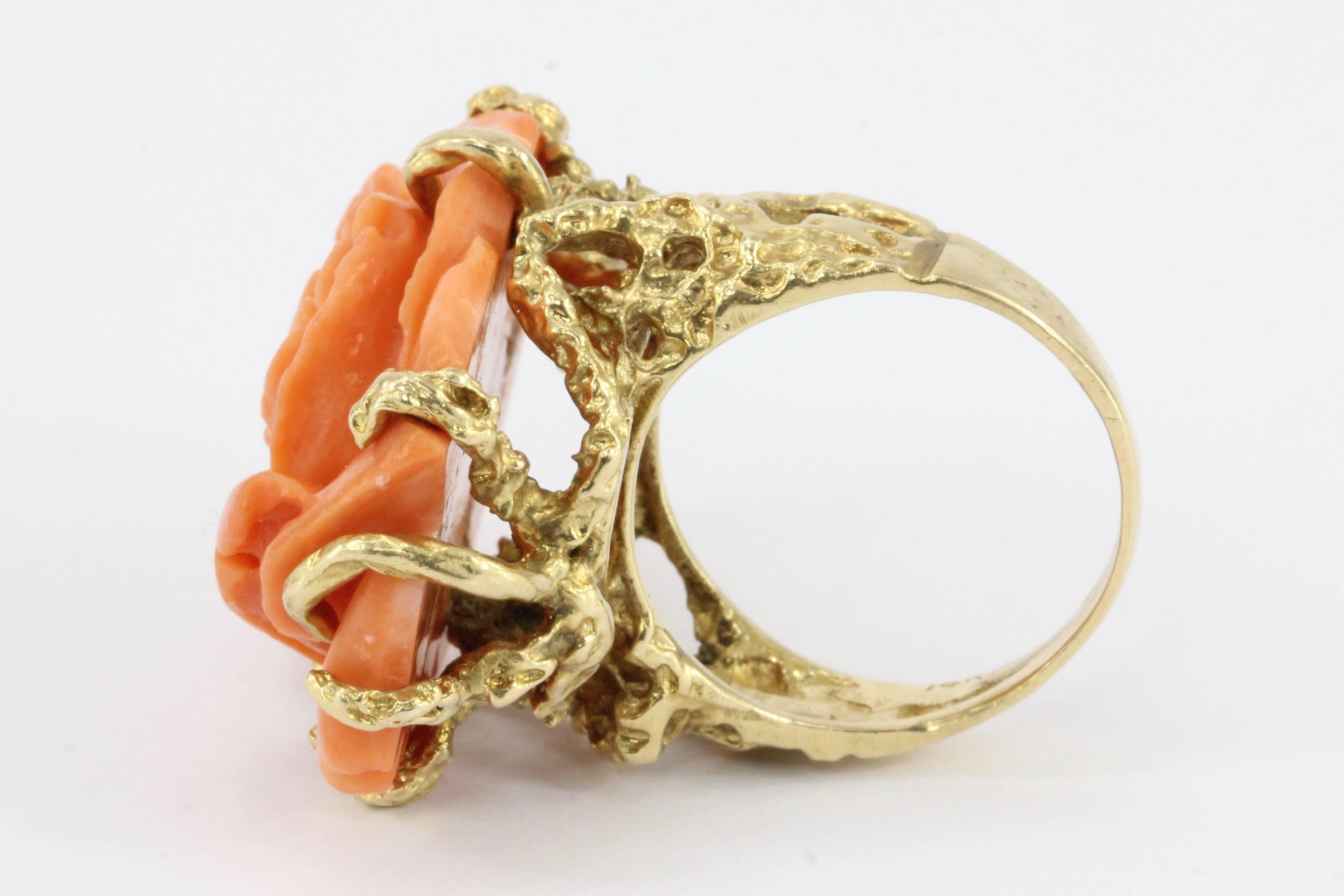 Women's Retro 14K Yellow Gold Coral Carved Flower Cocktail Ring Size 7