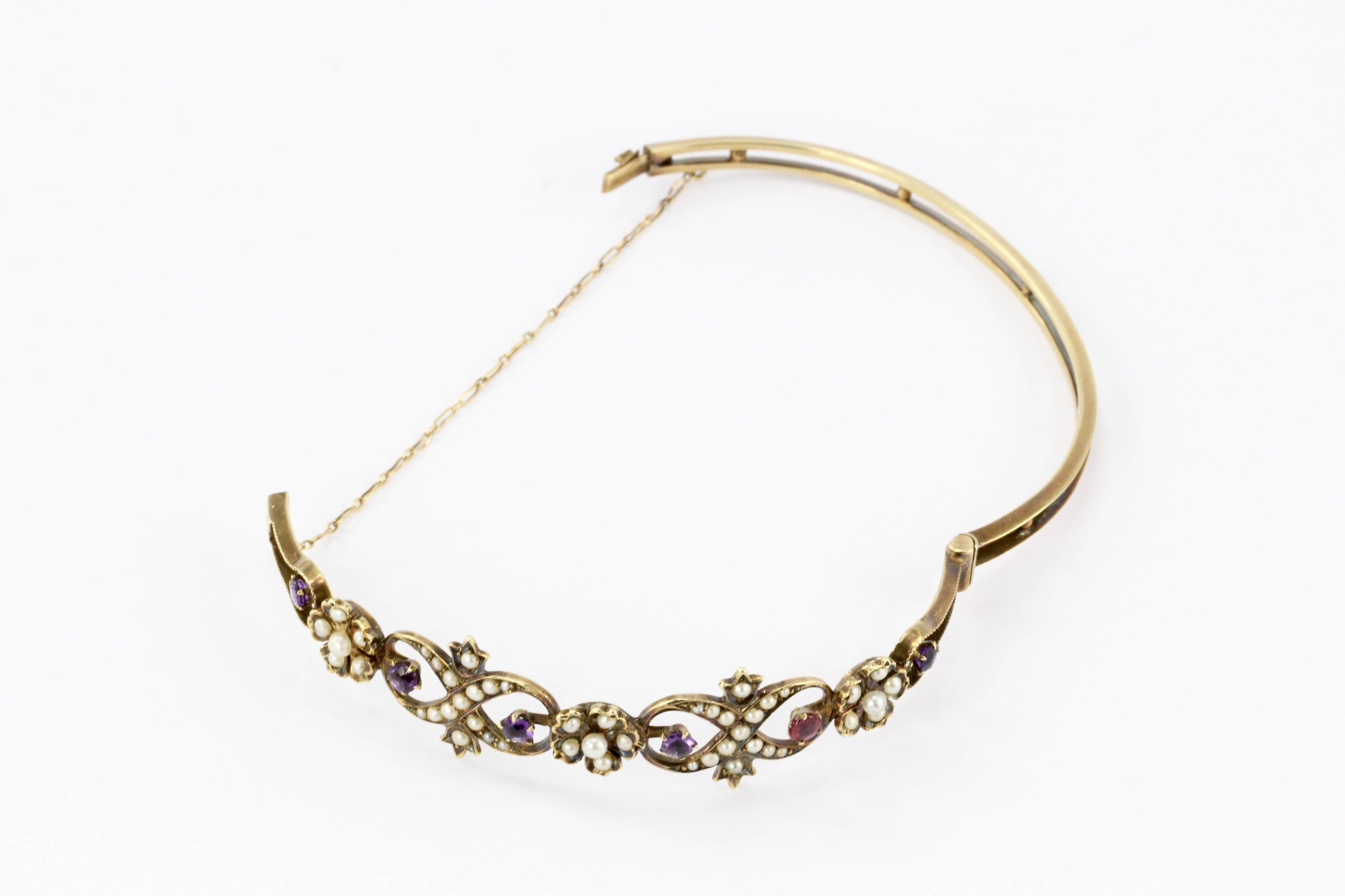 Women's Victorian Yellow Gold Amethyst Ruby Seed Pearl Bangle Bracelet