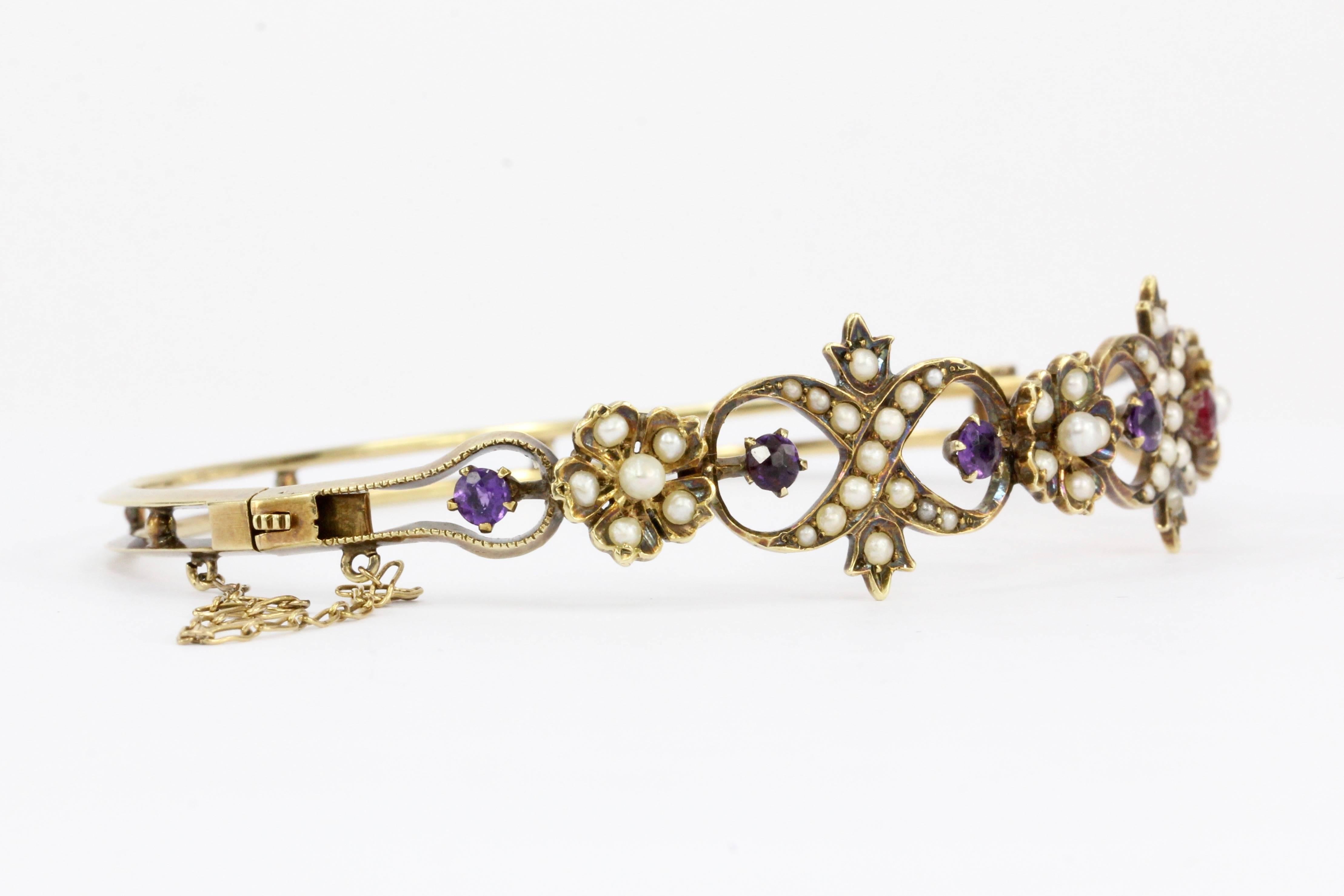 Late Victorian Victorian Yellow Gold Amethyst Ruby Seed Pearl Bangle Bracelet