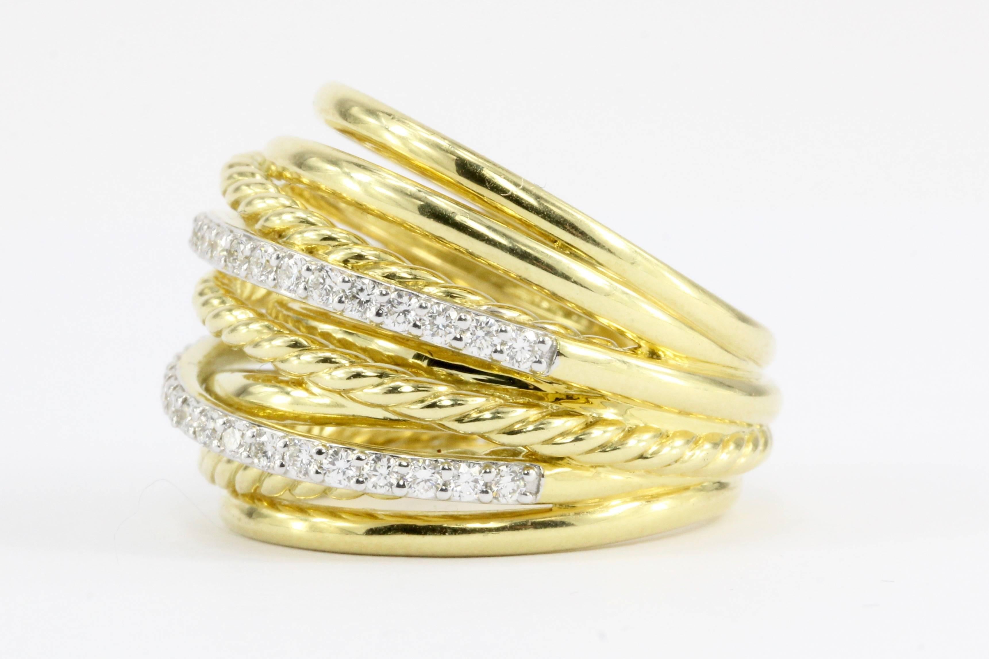 18K Yellow Gold & Diamond David Yurman Crossover Rope Dome Band

Hallmarks: Hallmarks have been polished out inside, but is guaranteed authentic

Primary Stone: Diamond

Stone Weight: .48 CTW (48 x .01)

Diamond Color: G

Diamond Clarity:  VS2

Band