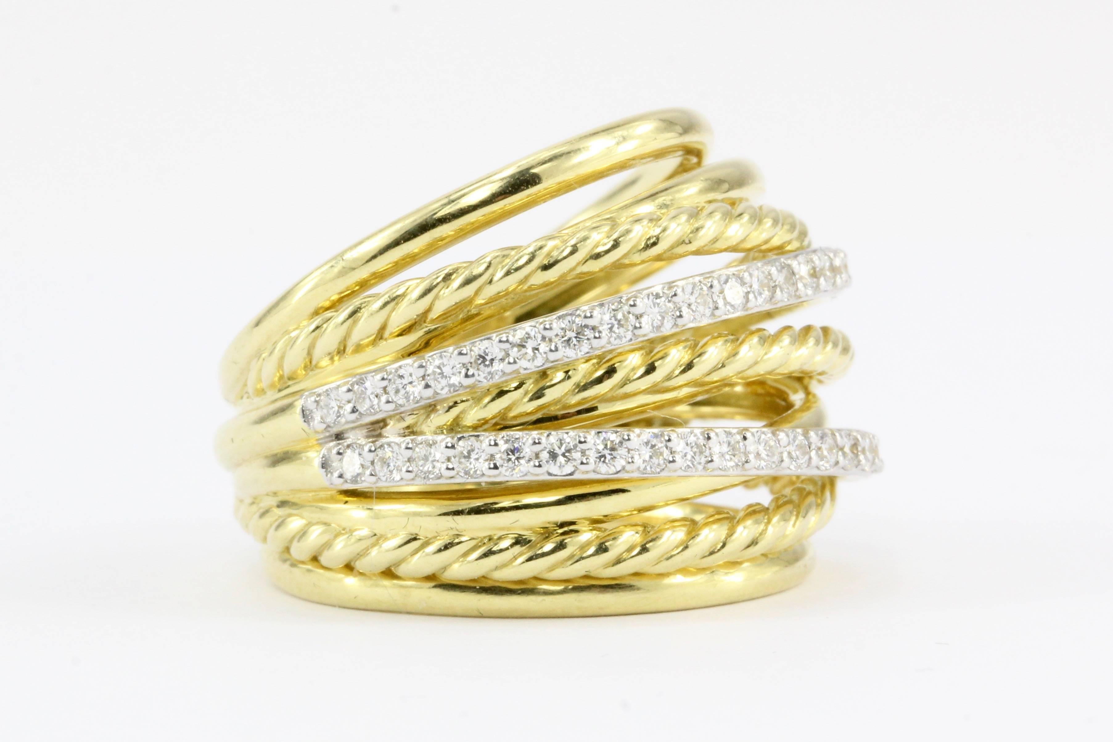 David Yurman Crossover Rope Domed 18 Karat Yellow Gold Diamond Band In Excellent Condition In Cape May, NJ