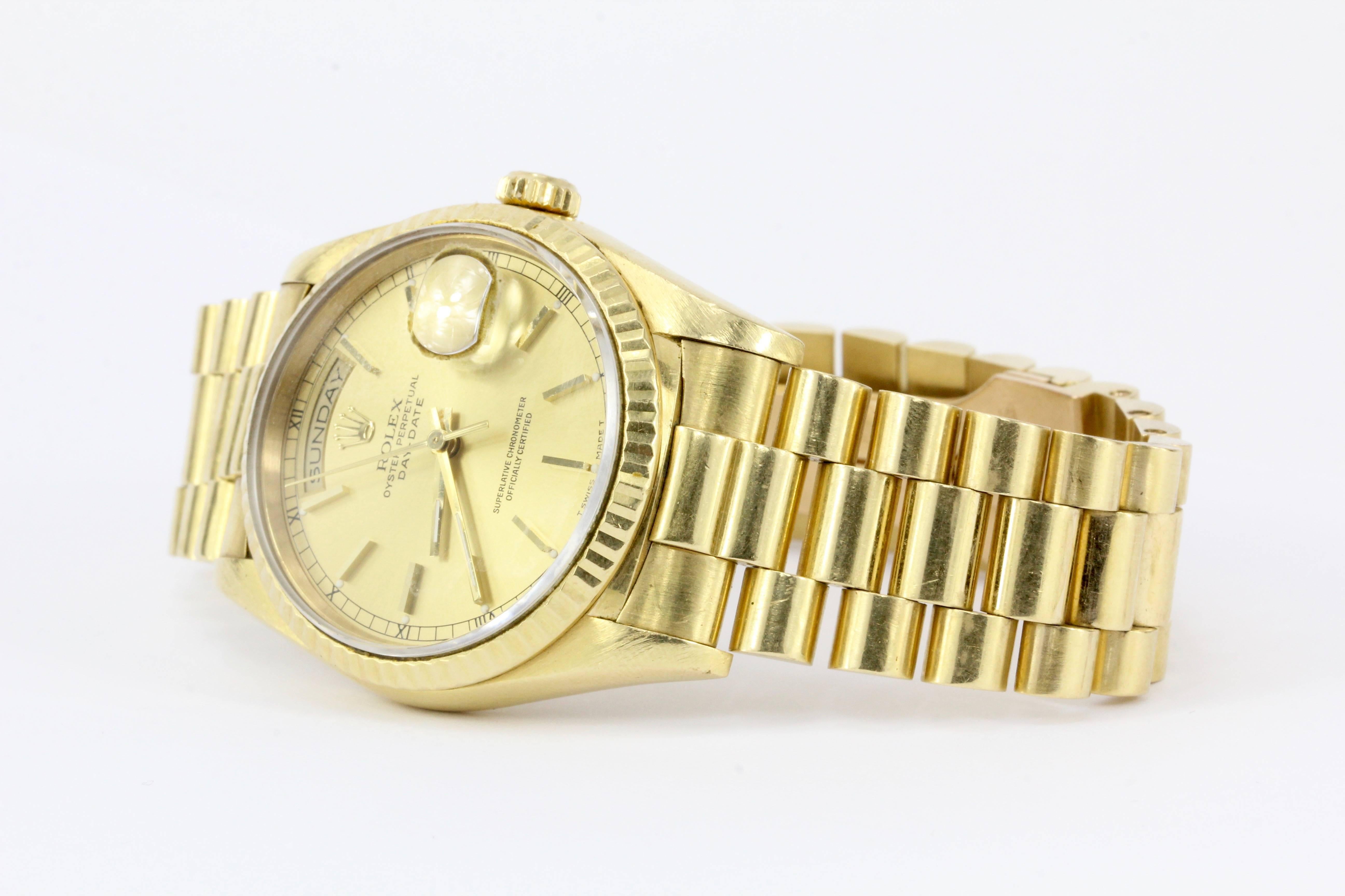 Rolex Presidential

Composition: Solid 18K Yellow Gold Case and Bracelet 

Model: 18238

Bezel: 36mm

Sapphire Crystal

L Serial Number Circa 1990

Handmade Swiss Automatic Movement

Comes with Box & Papers, original purchase receipt & Rolex