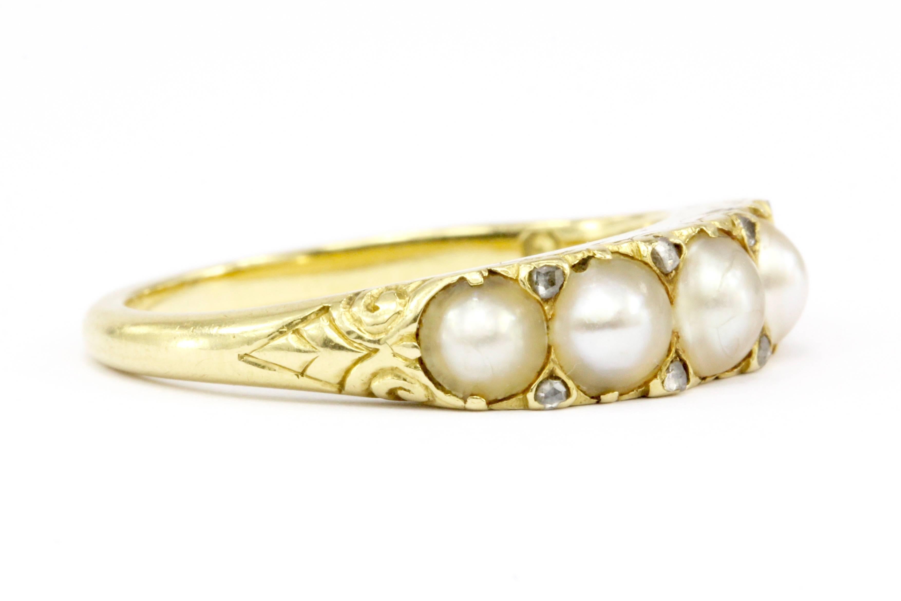 Late Victorian Victorian 18 Karat Yellow Gold Rose Cut Diamond and Natural Pearl Band Ring