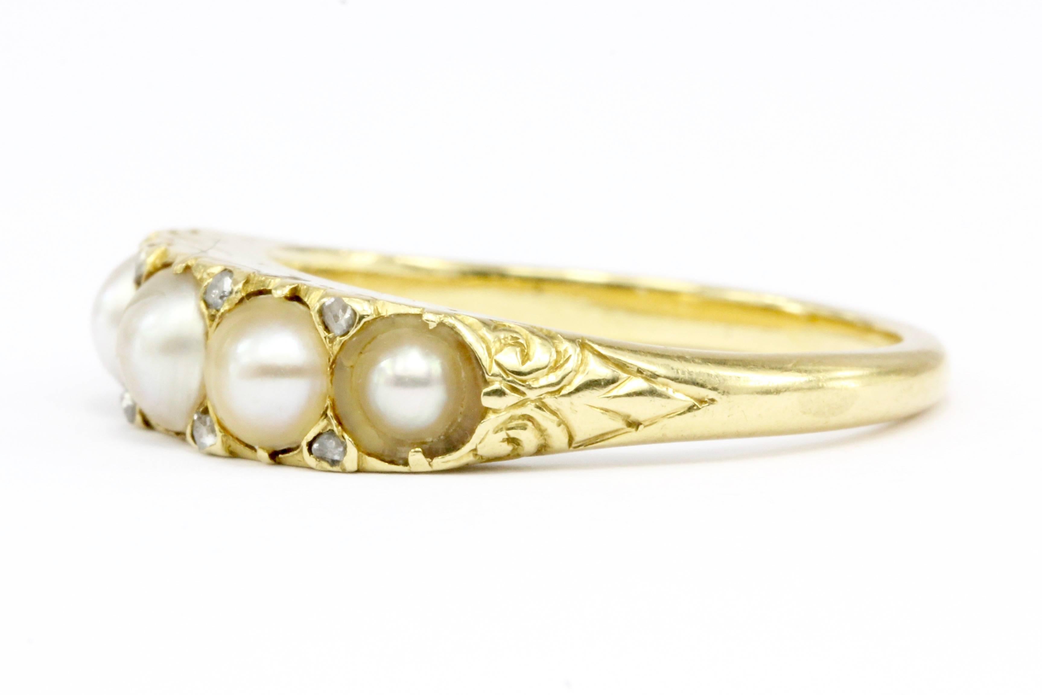 Era: Victorian c. 1890

Composition: 18K Yellow Gold 

Hallmark: Designates it was assayed for sale in Portugal after 1886 - not necessarily made in Portugal

Primary Stone: (5x) Natural Pearl (one was replaced)

Accent Stones: (8x) Rose cut diamond