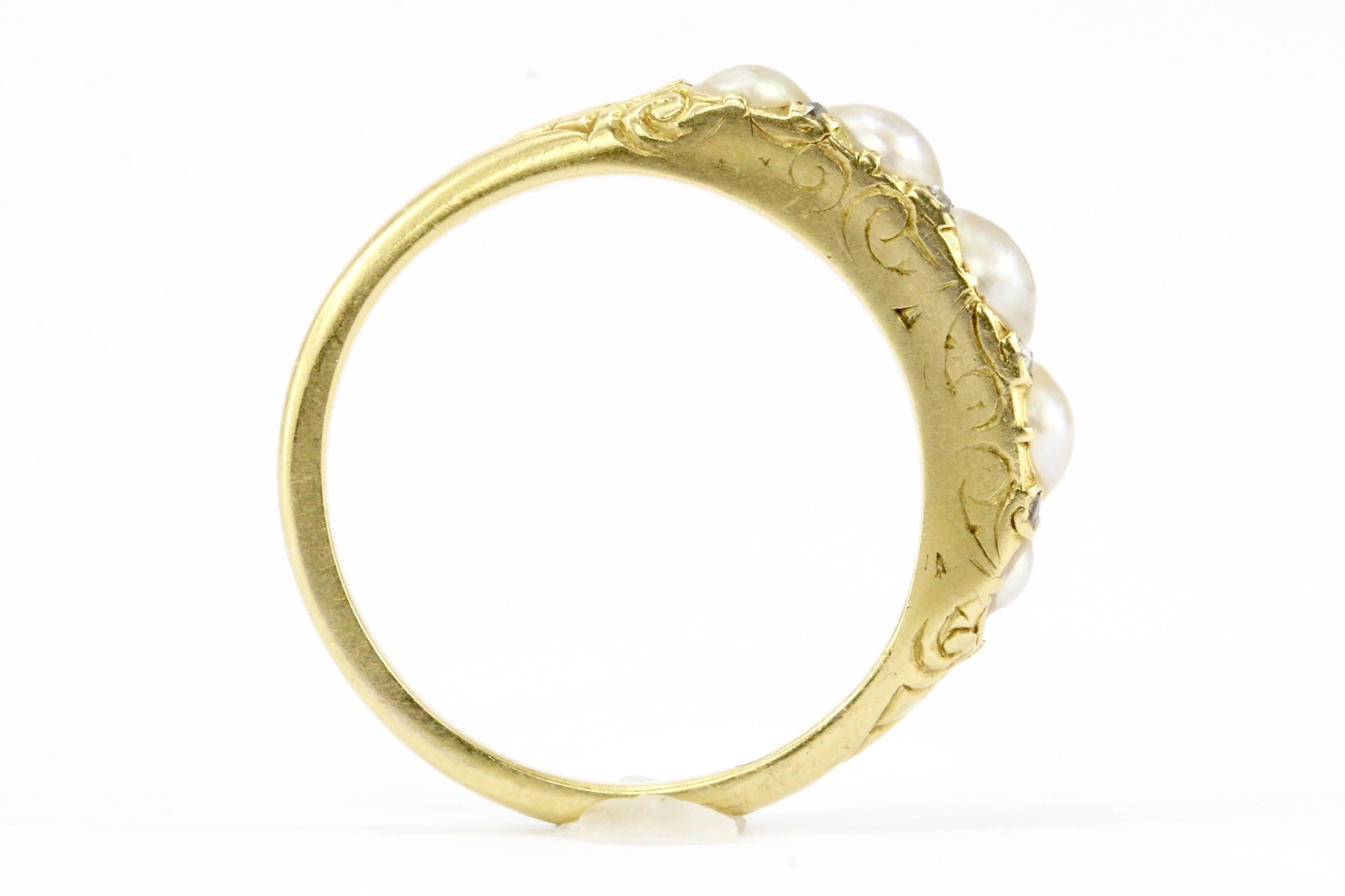 Women's Victorian 18 Karat Yellow Gold Rose Cut Diamond and Natural Pearl Band Ring