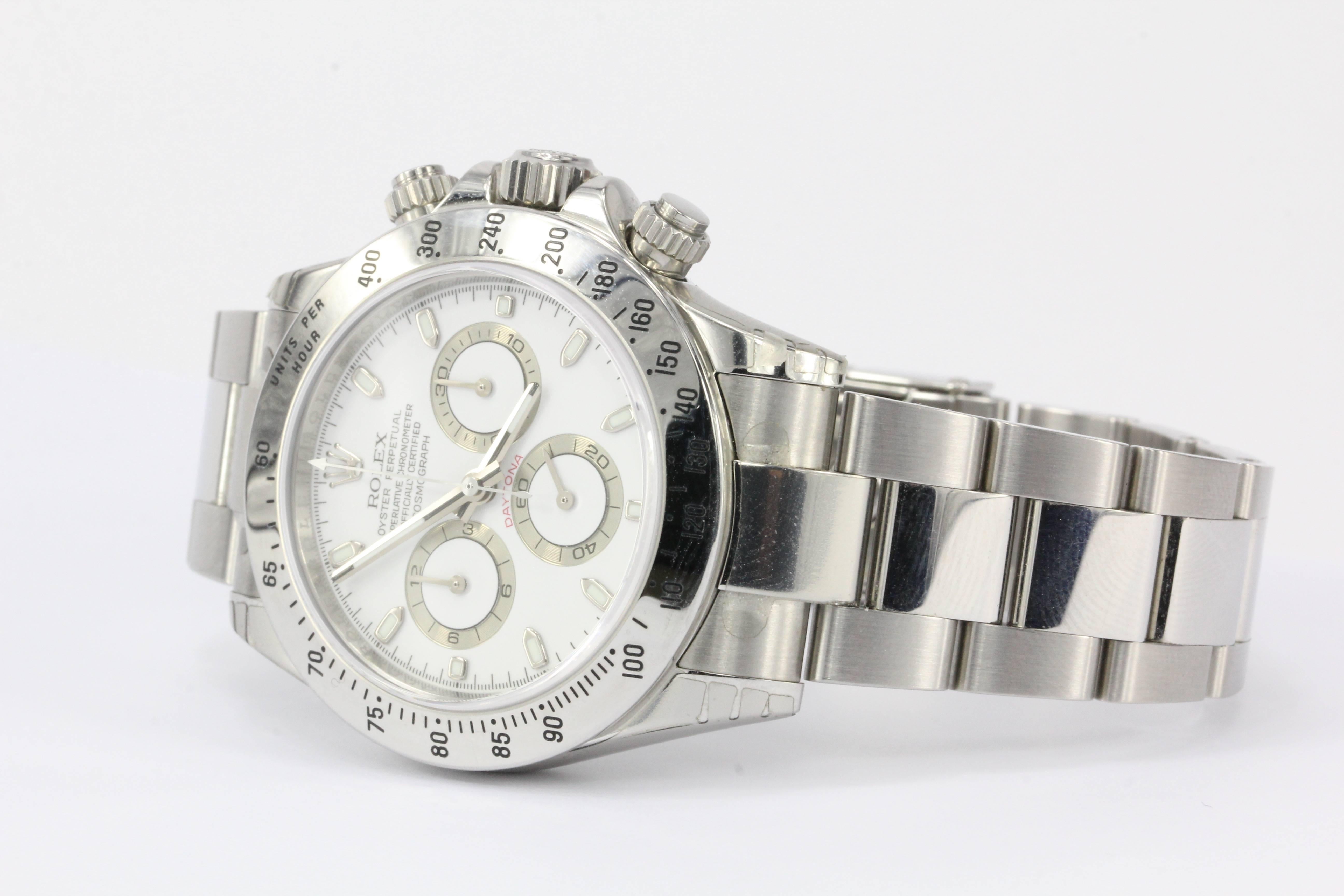 Rolex Daytona 116520

Circa 2008

Sapphire Crystal

Incredible Condition.  Only worn a few times and the stickers and original bezel cover are still on the watch!

Comes with Original Box and Paperwork