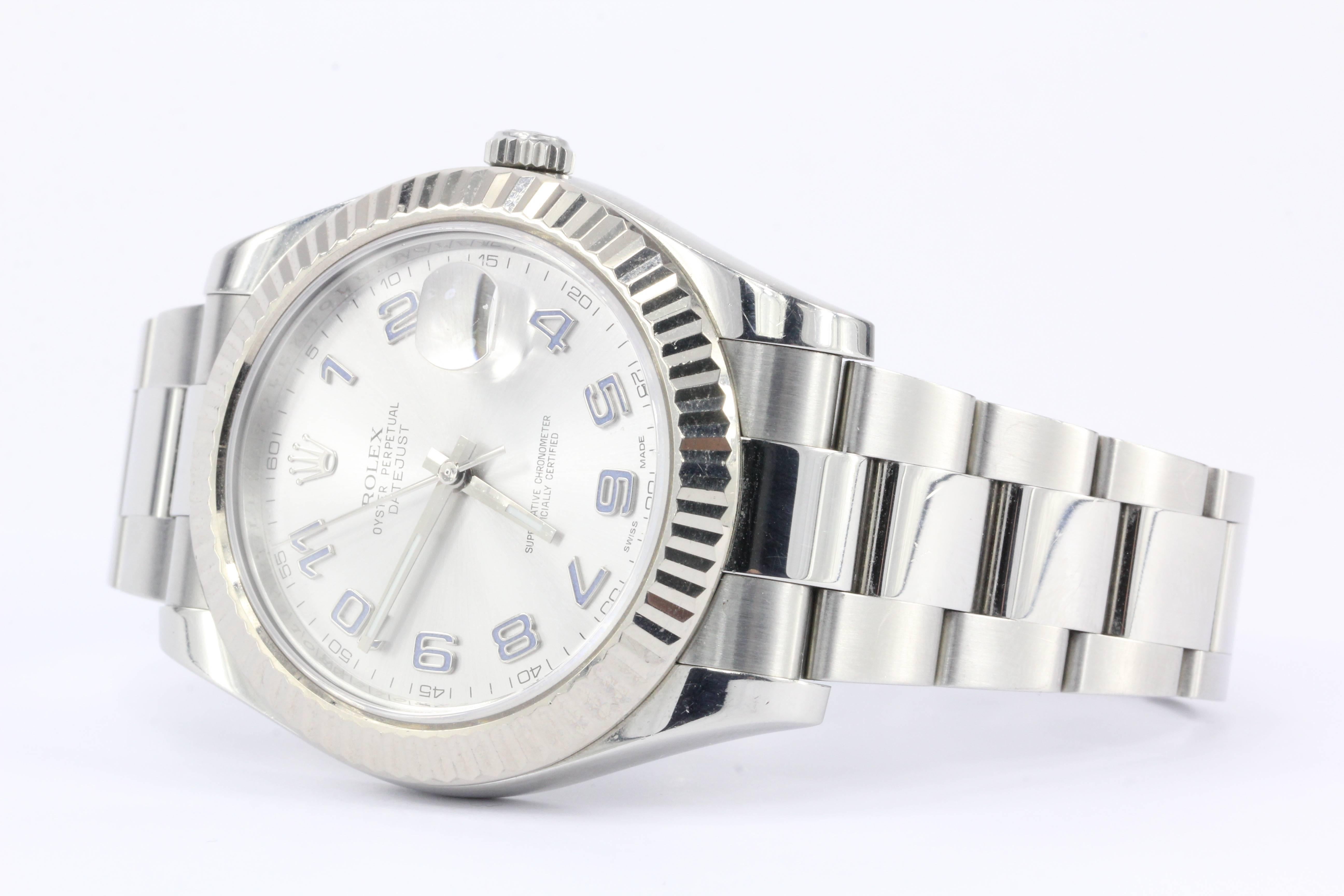 Rolex Datejust II 

Purchase in 2012

Reference: 116334

18k White Gold Fluted Bezel

Silver Arabic Dial

Steel Oyster Bracelet

41mm Case Size

Comes with original Paperwork 

Fresh Service

