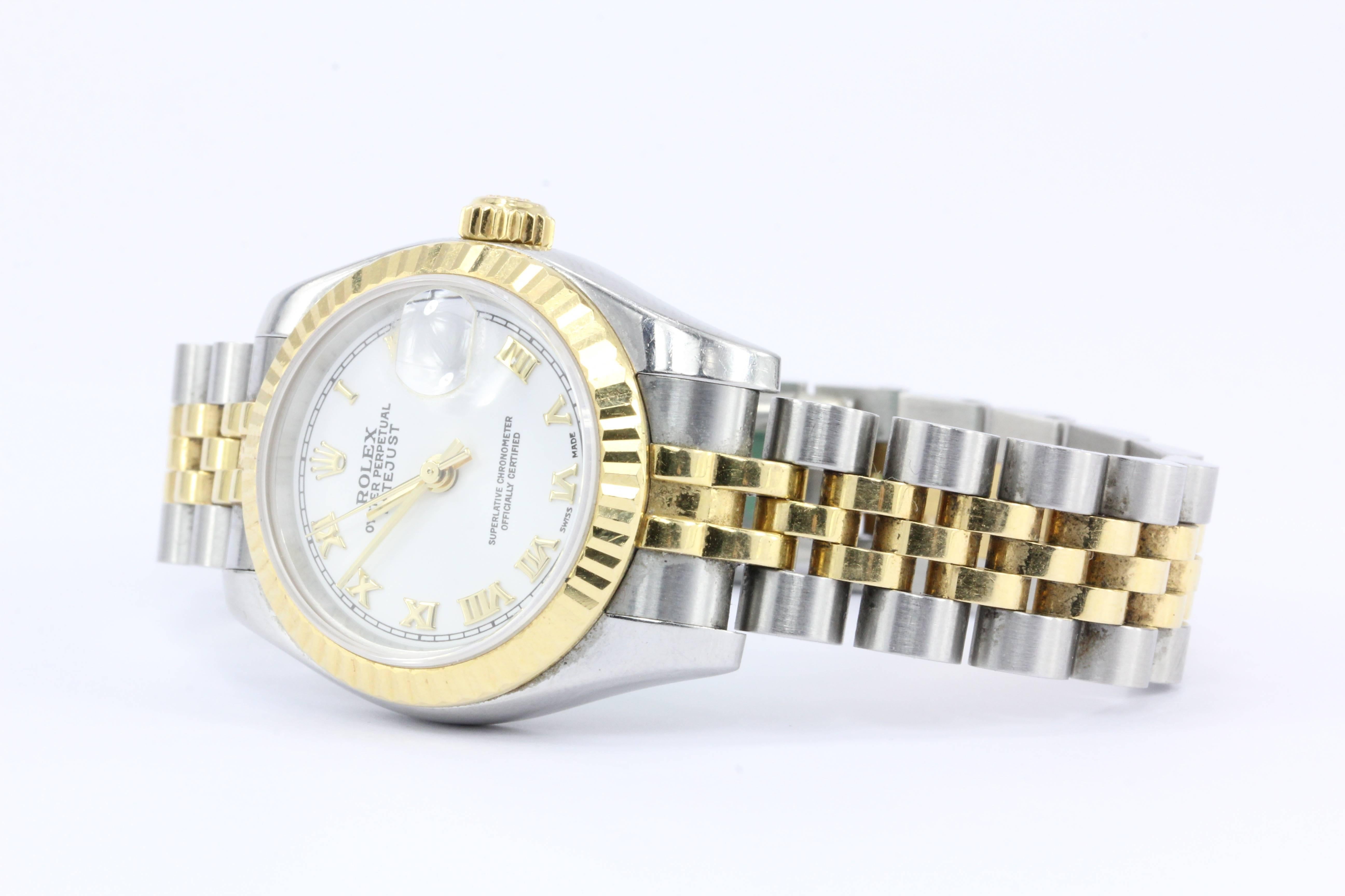 Brand: Rolex

Model: Ladies Datejust 179173 Stainless Steel White Dial with Roman Numerals

Case size: 26mm

Date: F serial number c.2012

Crystal: Sapphire 

Come with original box, no papers

Condition: Excellent, gently used estate condition