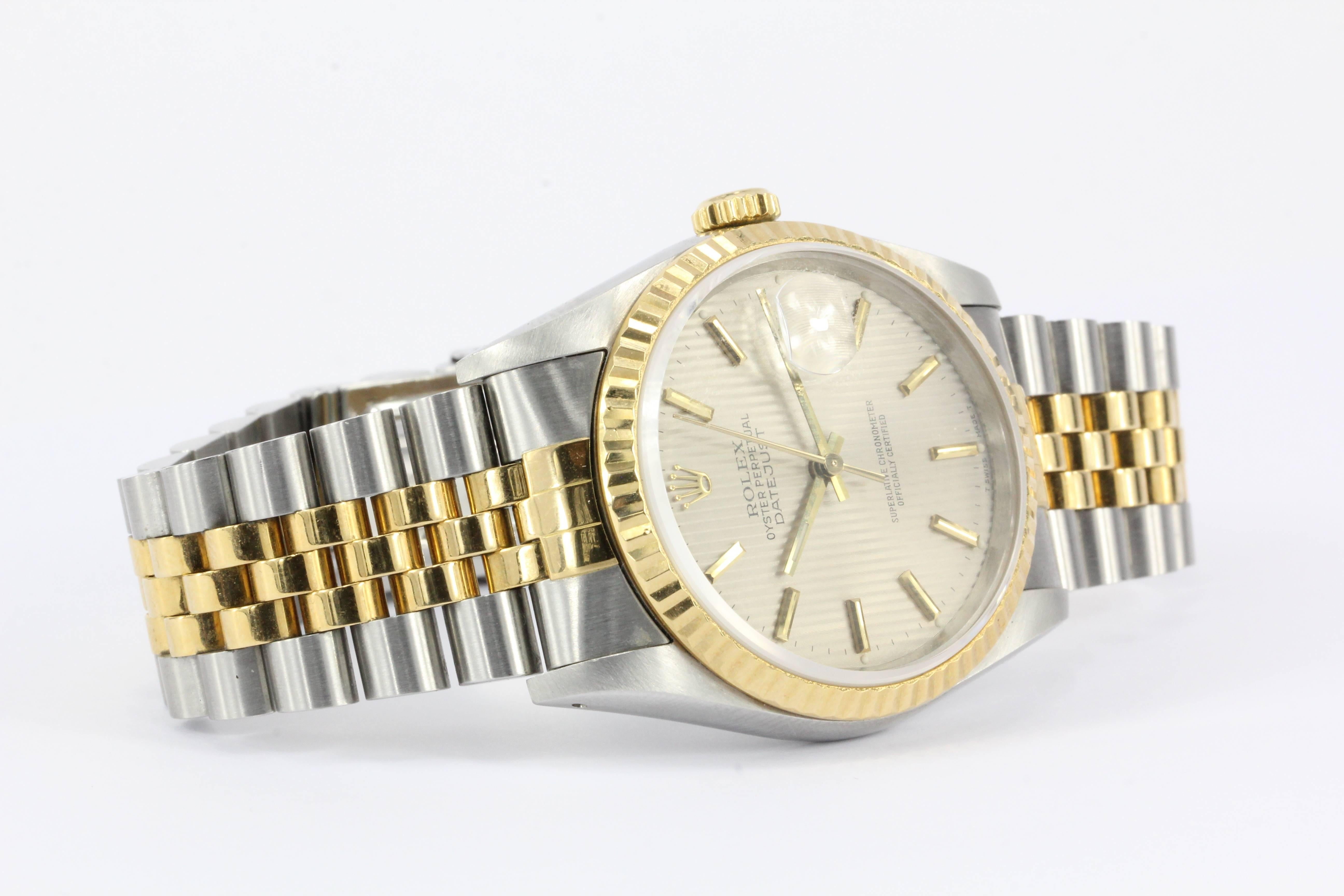 Rolex Yellow Gold Stainless Steel Datejust Tapestry Dial Automatic Wristwatch In Excellent Condition In Cape May, NJ