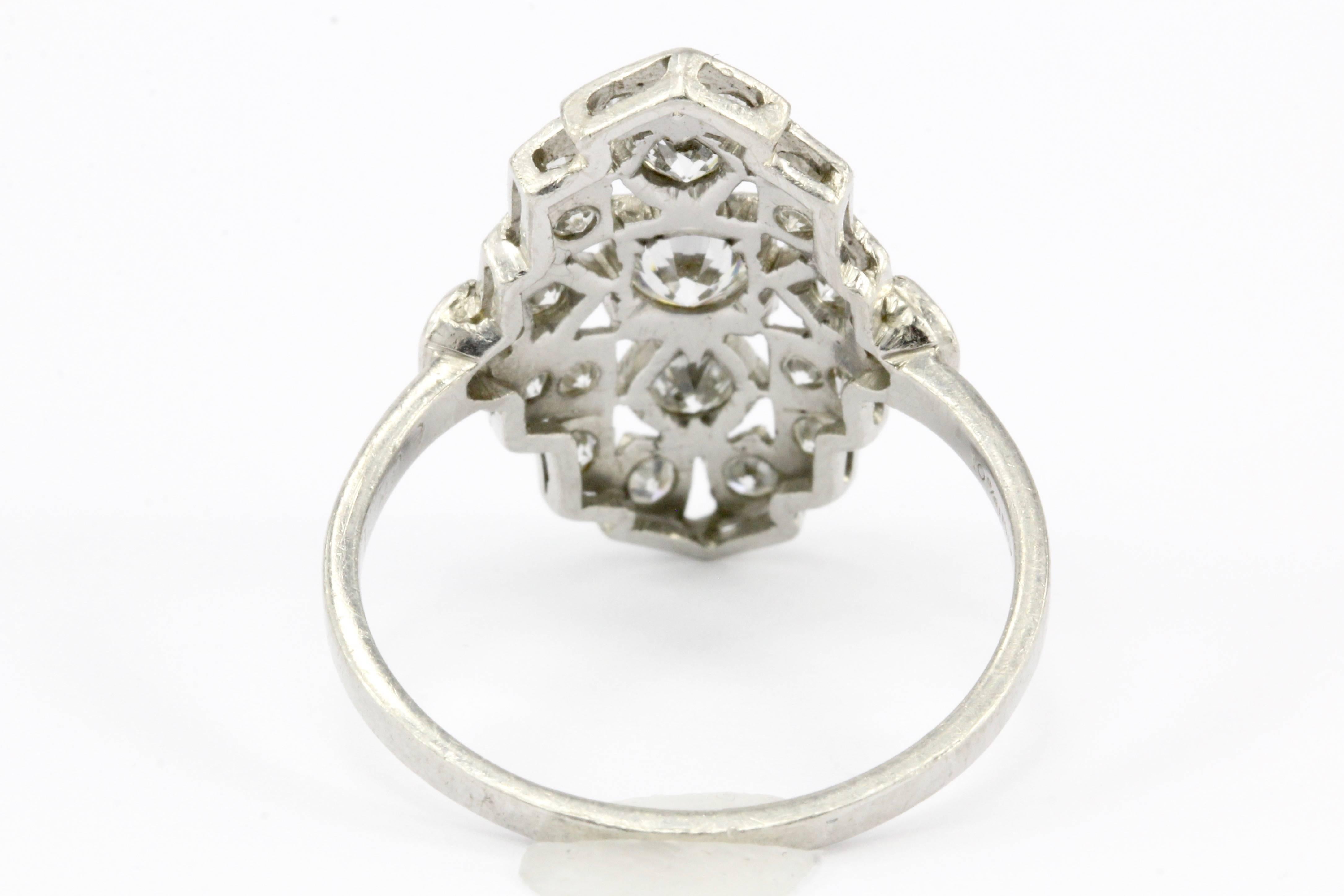 Art Deco Platinum and Diamond Shield Ring In Excellent Condition In Cape May, NJ