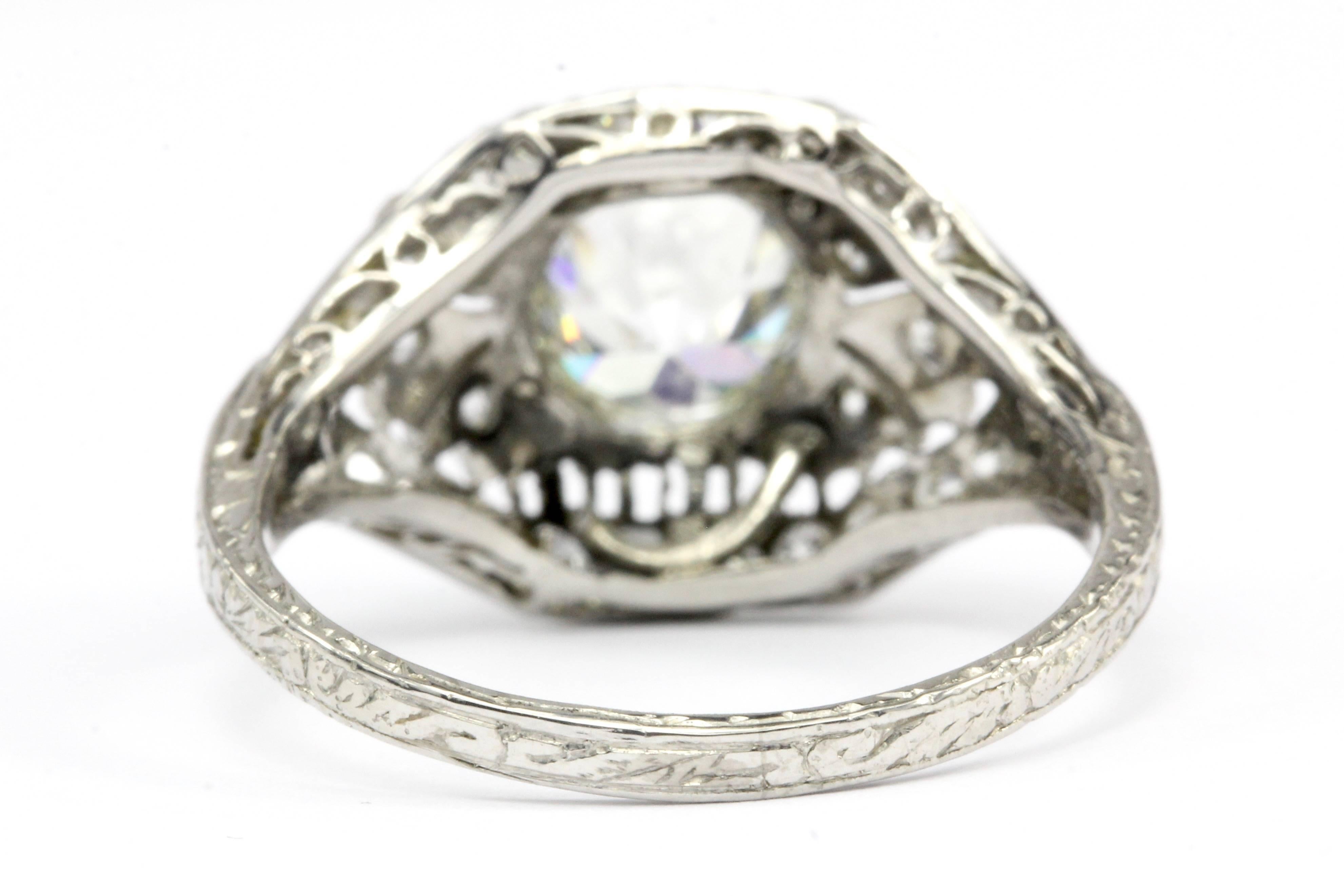 Art Deco Platinum Old European Cut Filigree Engagement Ring, circa 1920s In Excellent Condition In Cape May, NJ