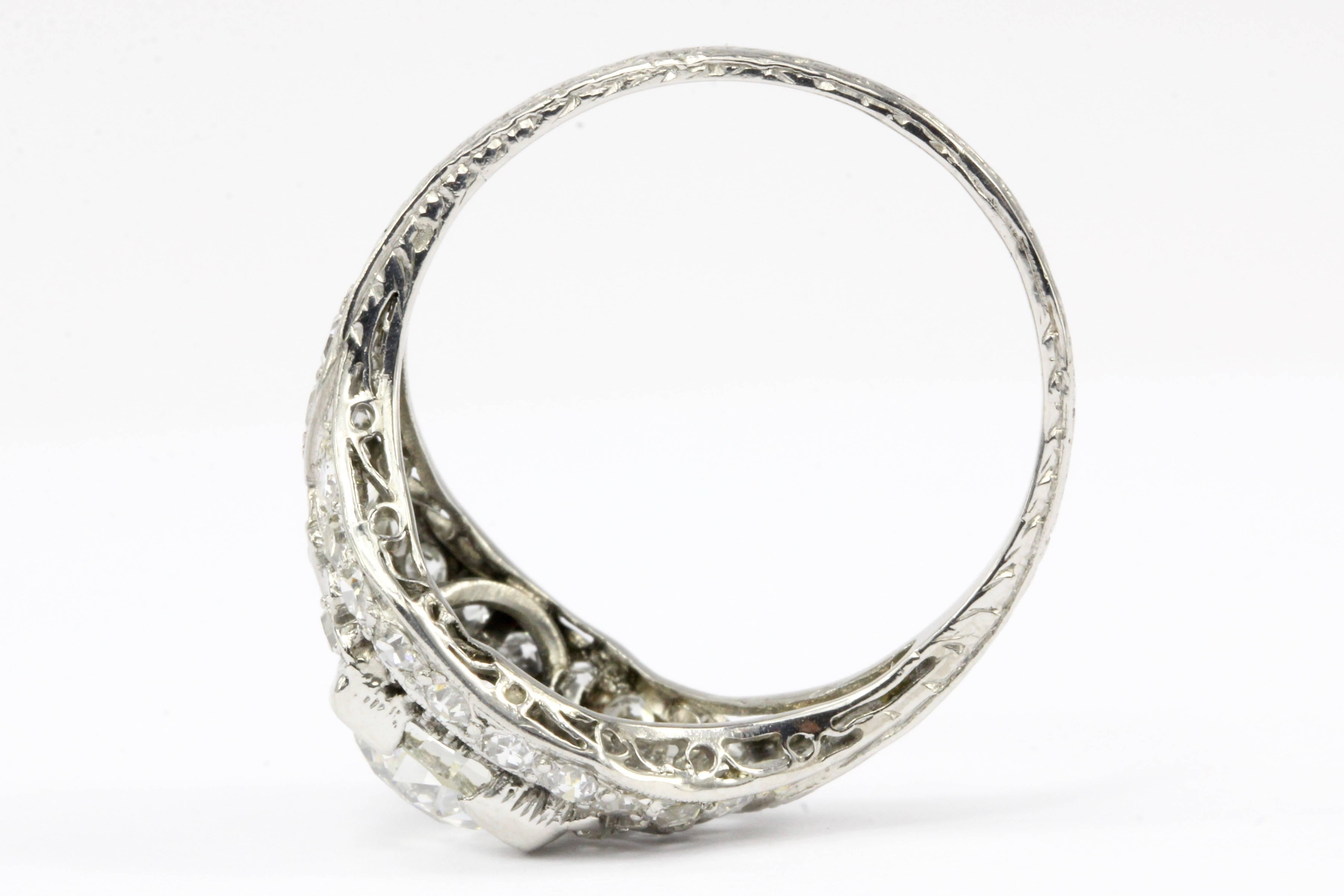 Women's Art Deco Platinum Old European Cut Filigree Engagement Ring, circa 1920s