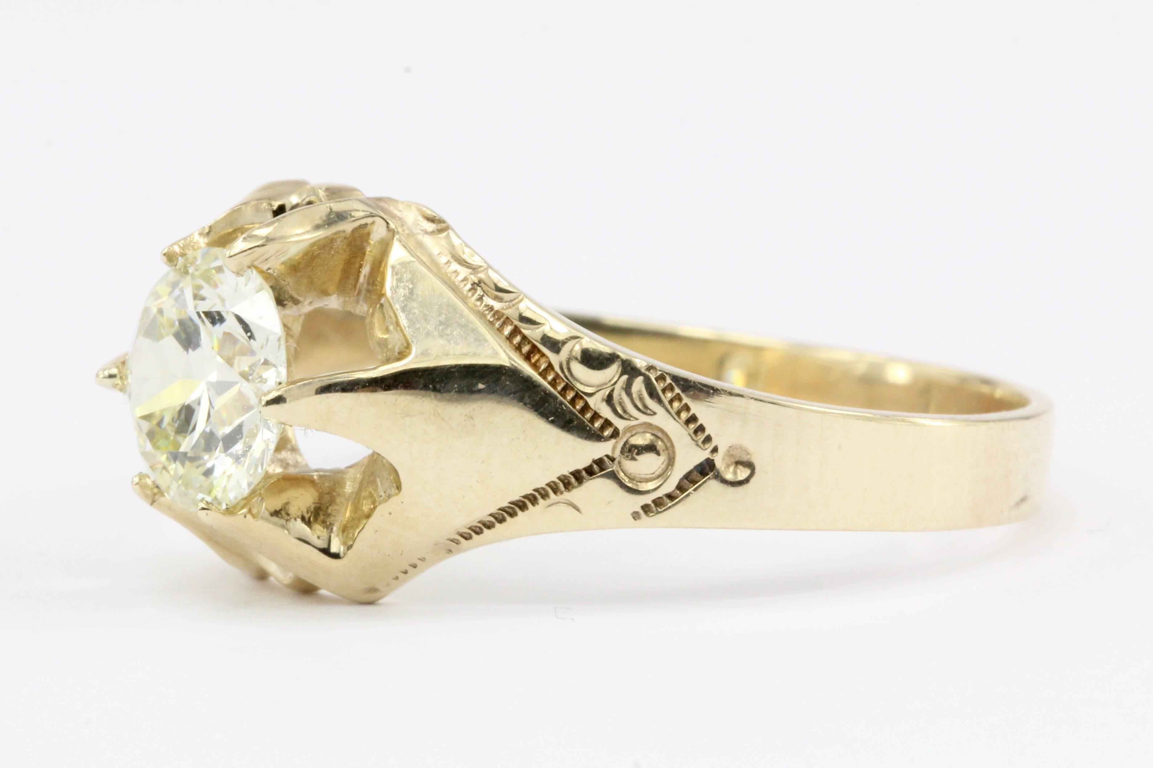 Era: Victorian 

Composition: 10K Yellow Gold

Primary Stone: Diamond

Stone Carat: 1.2 CT

Color: L

Clarity: Vs2

Ring Face: 11mm x 10mm

Rise Above Finger: 5.5mm

Band Width: 3mm

Ring Size: 11

Ring Weight: 4.5 grams

Ring Condition: Excellent