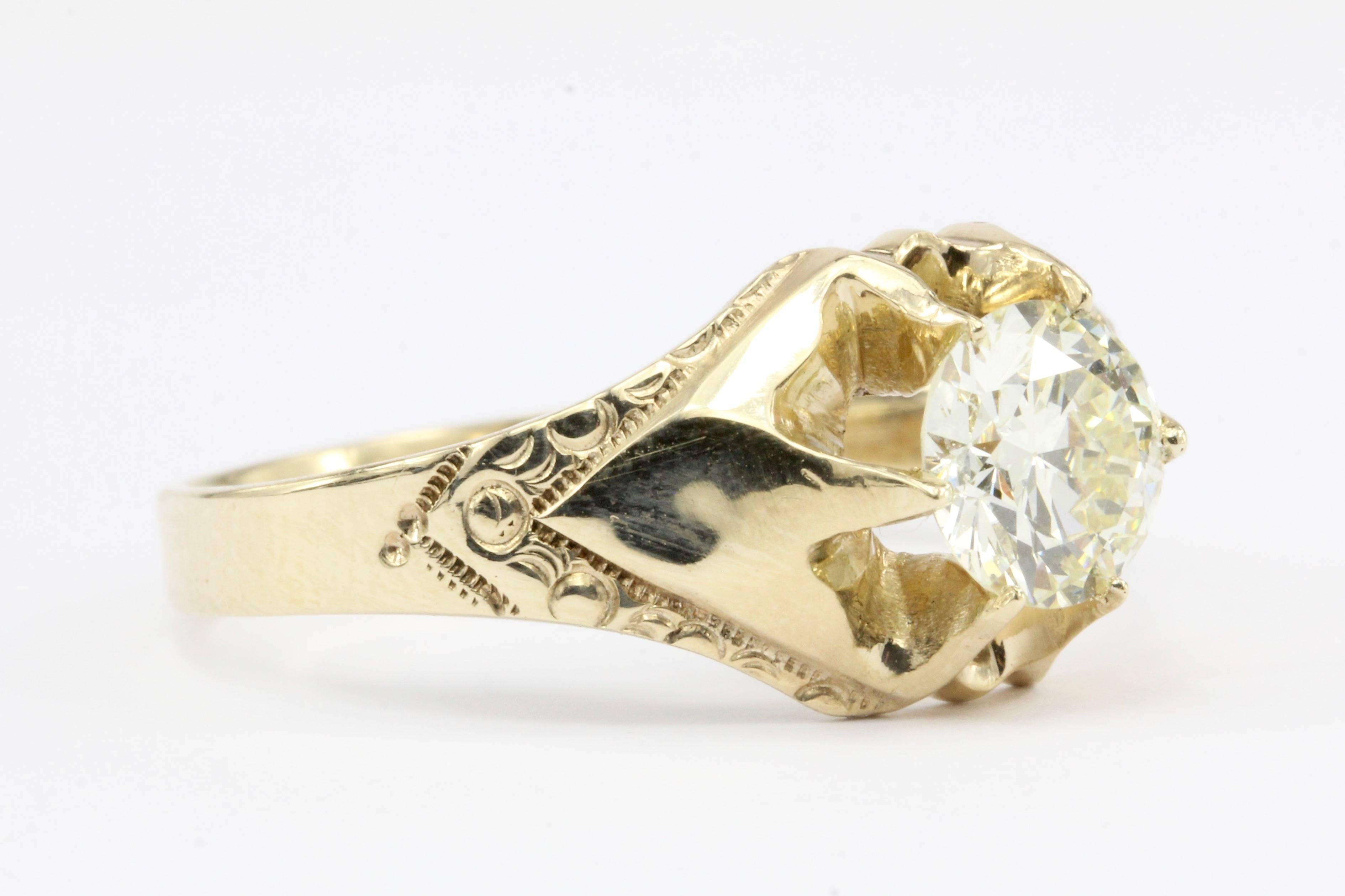 Victorian Gold 1.2 Carat Belcher Mount Old European Cut Diamond Ring In Excellent Condition In Cape May, NJ