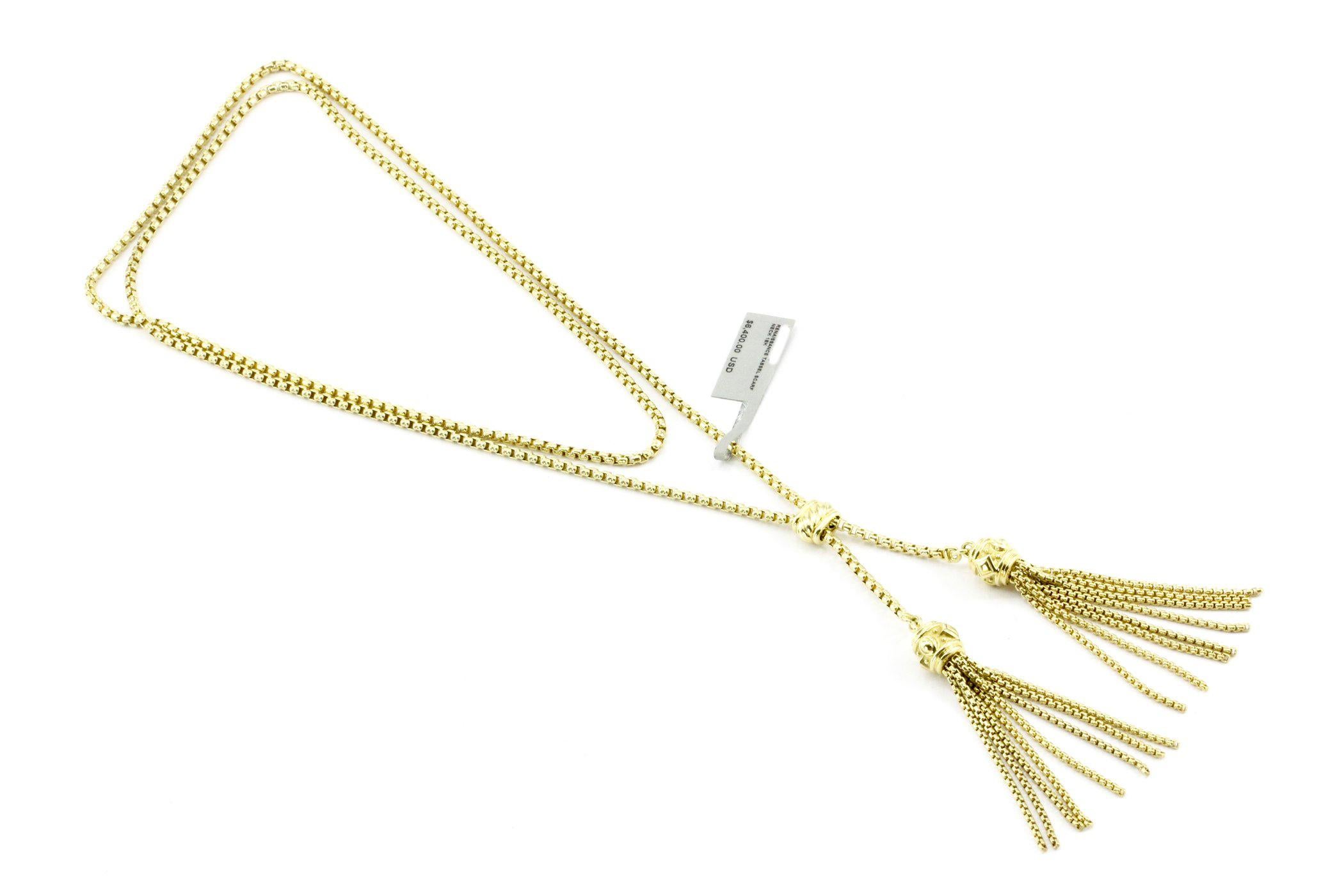 Hallmarks: D.Y. 750

Composition: 18K Yellow Gold

Pendant Measurement: 4 inches 

Total length: 36 inches

Necklace Weight: 35.3 grams 

Necklace Condition: New With Tags, Never Worn